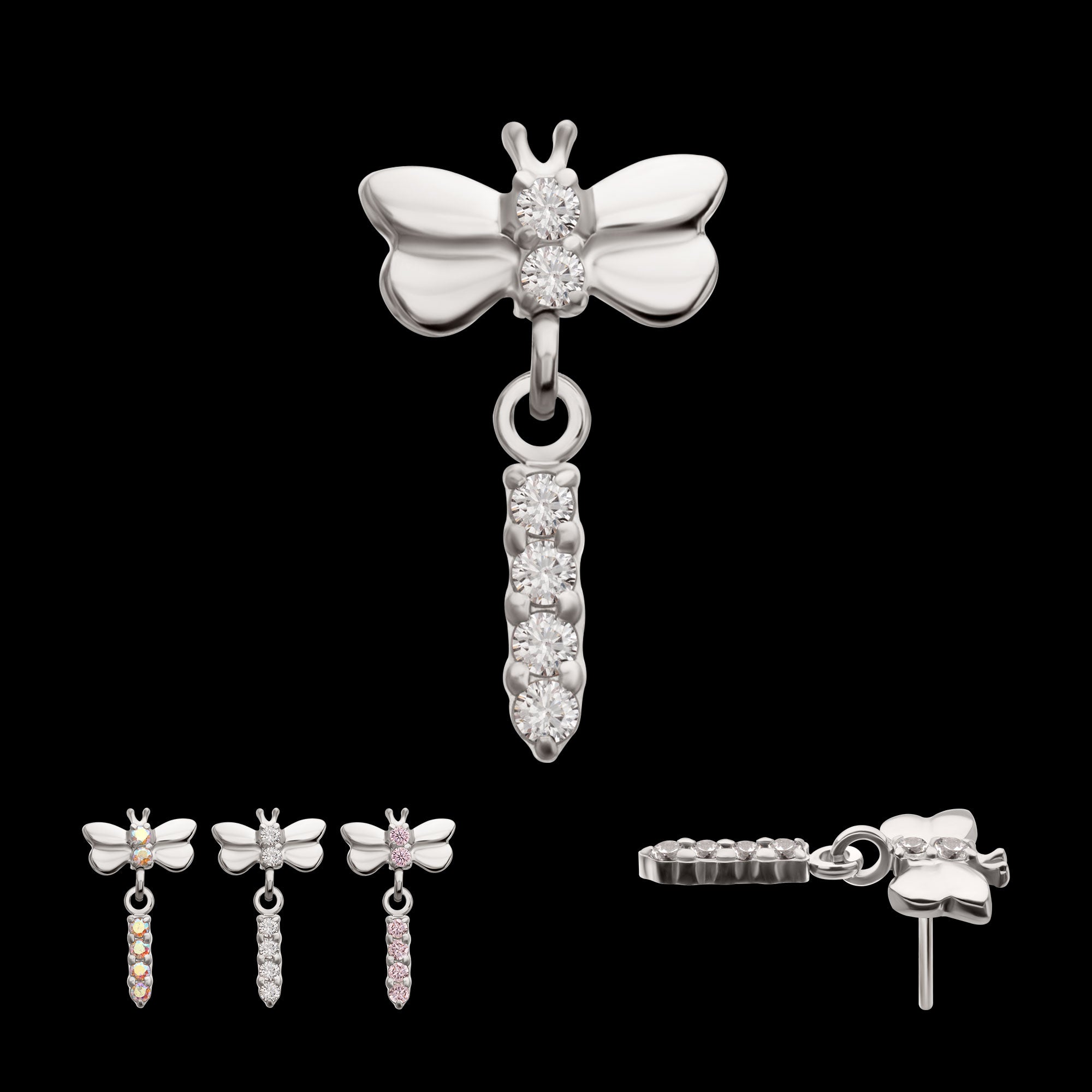 Dragonfly with Prong Set 4-Gem Dangle Flatback Stud Earring / Nosering - Gem in Titanium