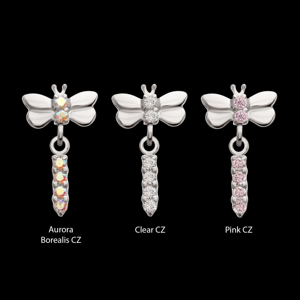 Dragonfly with Prong Set 4-Gem Dangle Flatback Stud Earring / Nosering - Gem in Titanium
