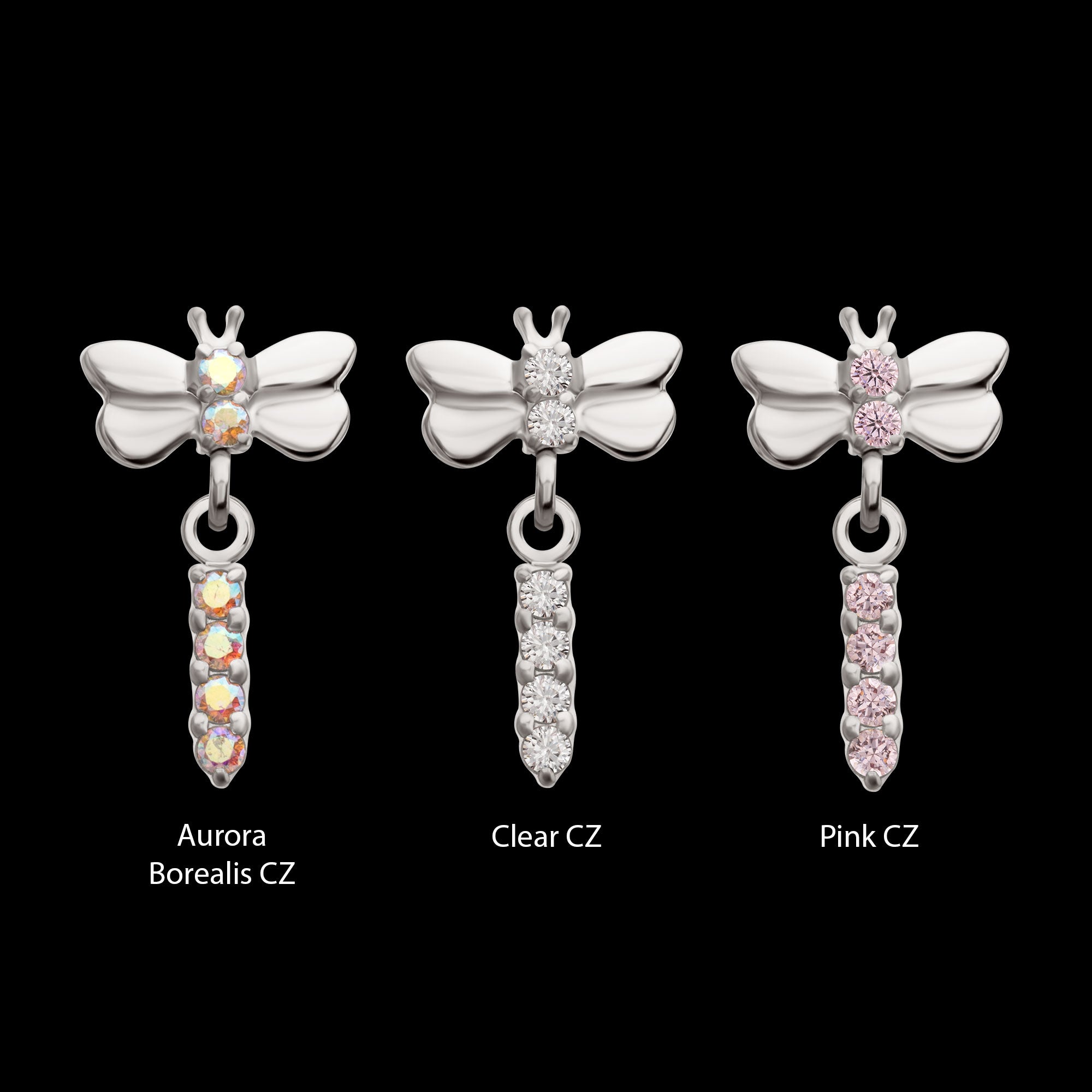 Dragonfly with Prong Set 4-Gem Dangle Flatback Stud Earring / Nosering - Gem in Titanium