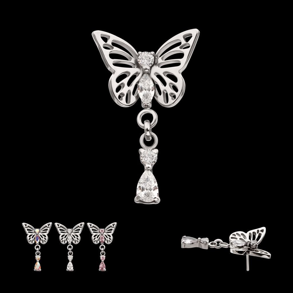Butterfly with Prong Set 2-Gem Dangle Flatback Stud Earring / Nosering - Gem in Titanium