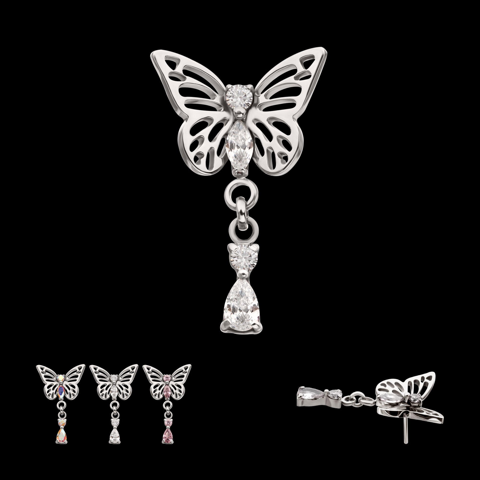 Butterfly with Prong Set 2-Gem Dangle Flatback Stud Earring / Nosering - Gem in Titanium