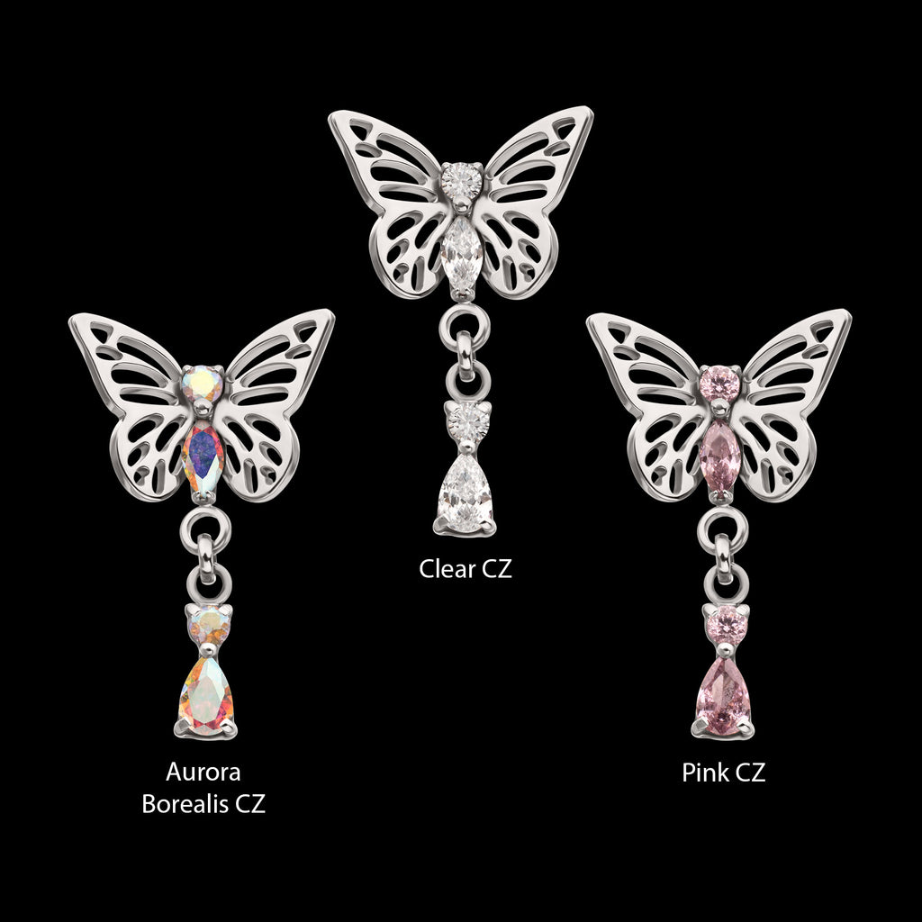 Butterfly with Prong Set 2-Gem Dangle Flatback Stud Earring / Nosering - Gem in Titanium