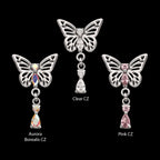 Butterfly with Prong Set 2-Gem Dangle Flatback Stud Earring / Nosering - Gem in Titanium