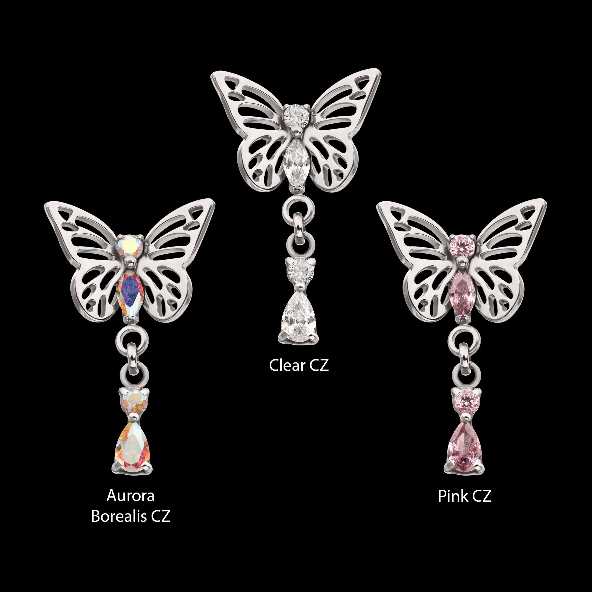 Butterfly with Prong Set 2-Gem Dangle Flatback Stud Earring / Nosering - Gem in Titanium