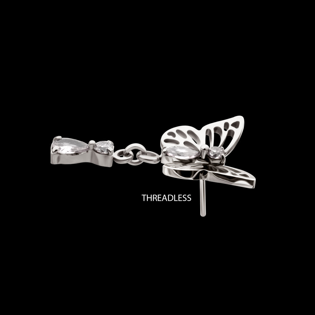 Butterfly with Prong Set 2-Gem Dangle Flatback Stud Earring / Nosering - Gem in Titanium