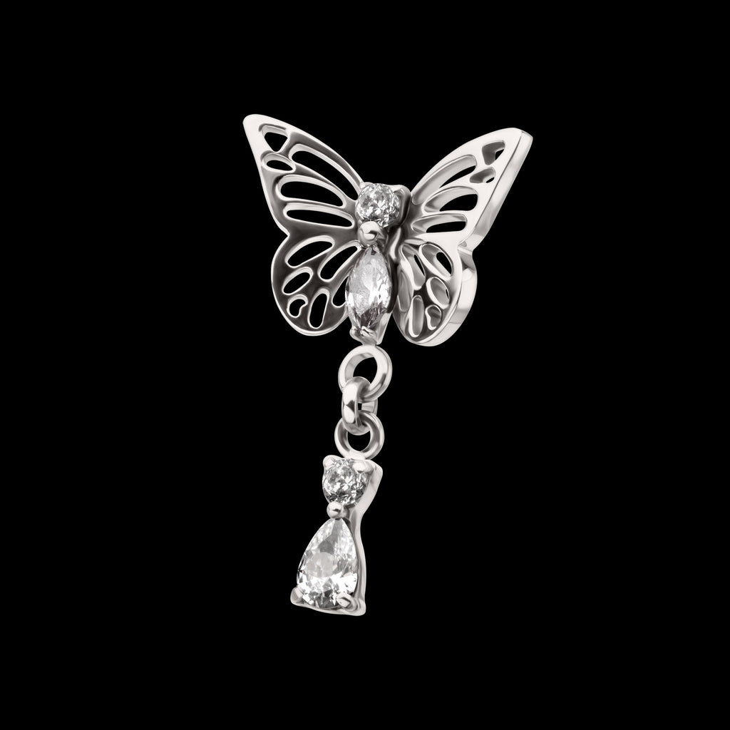 Butterfly with Prong Set 2-Gem Dangle Flatback Stud Earring / Nosering - Gem in Titanium