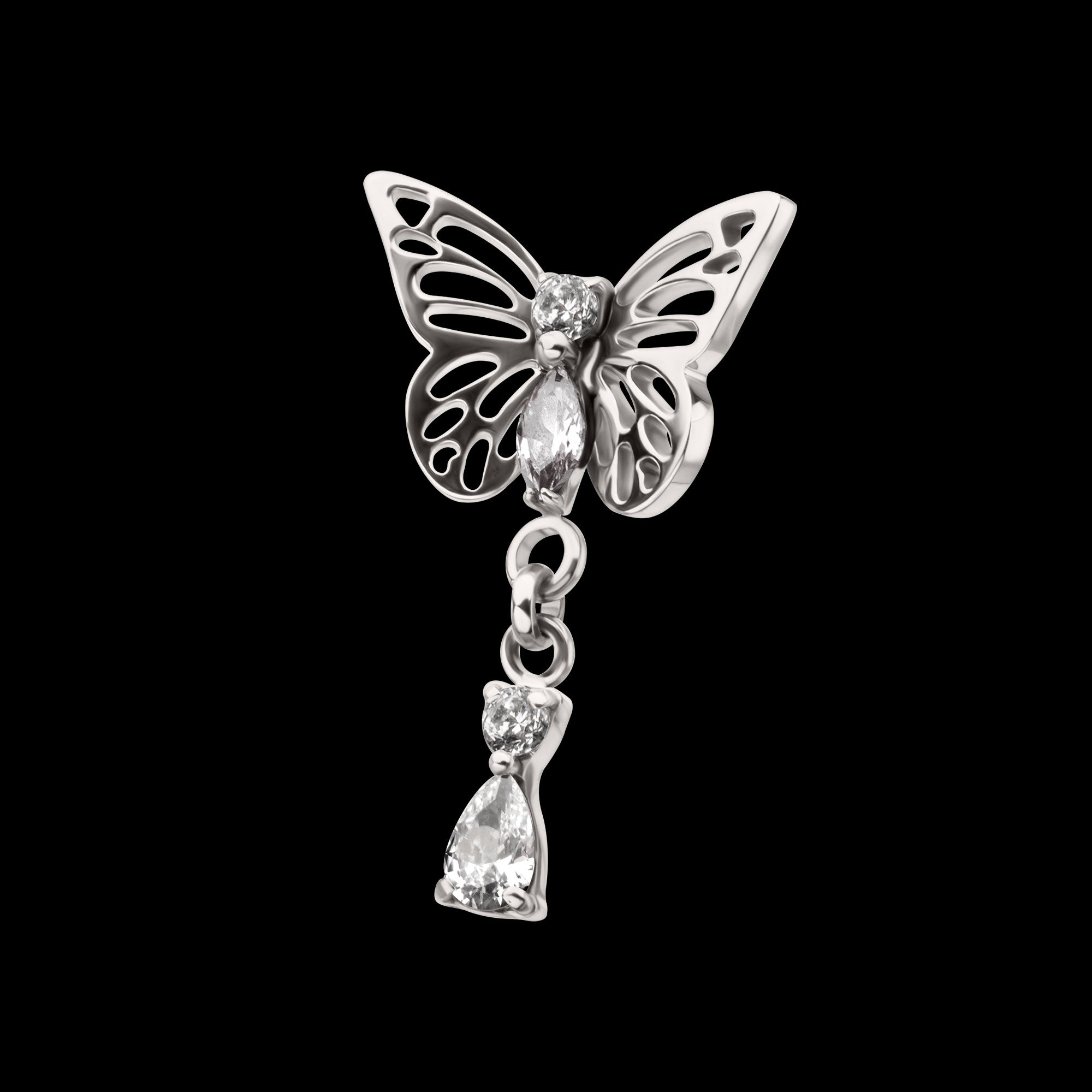 Butterfly with Prong Set 2-Gem Dangle Flatback Stud Earring / Nosering - Gem in Titanium