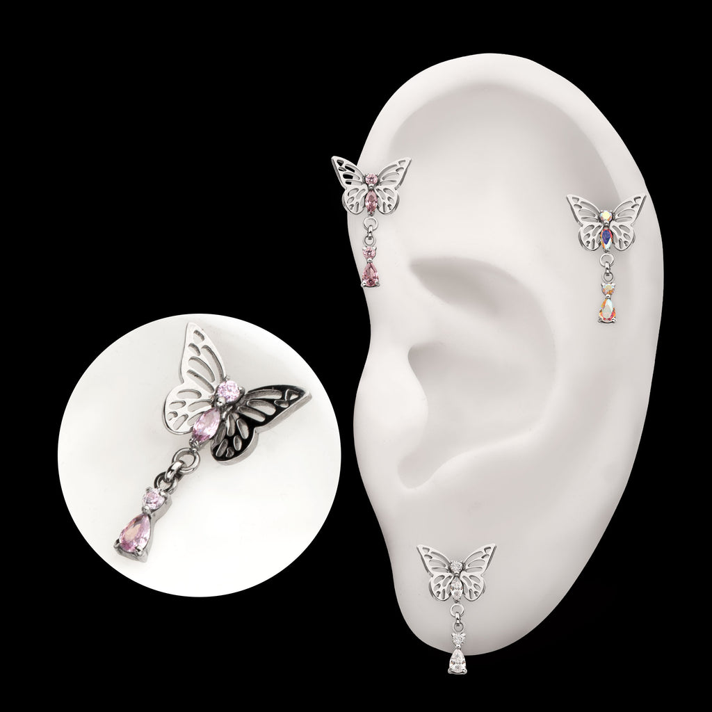 Butterfly with Prong Set 2-Gem Dangle Flatback Stud Earring / Nosering - Gem in Titanium