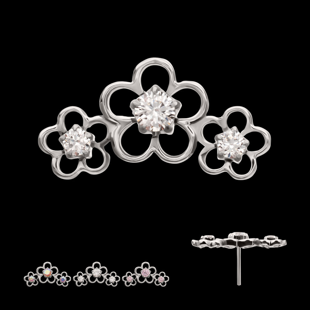 Triple Cut Out Cherry Blossom Flower with Prong Set Gem Flatback Stud Earring / Nosering - Gem in Titanium