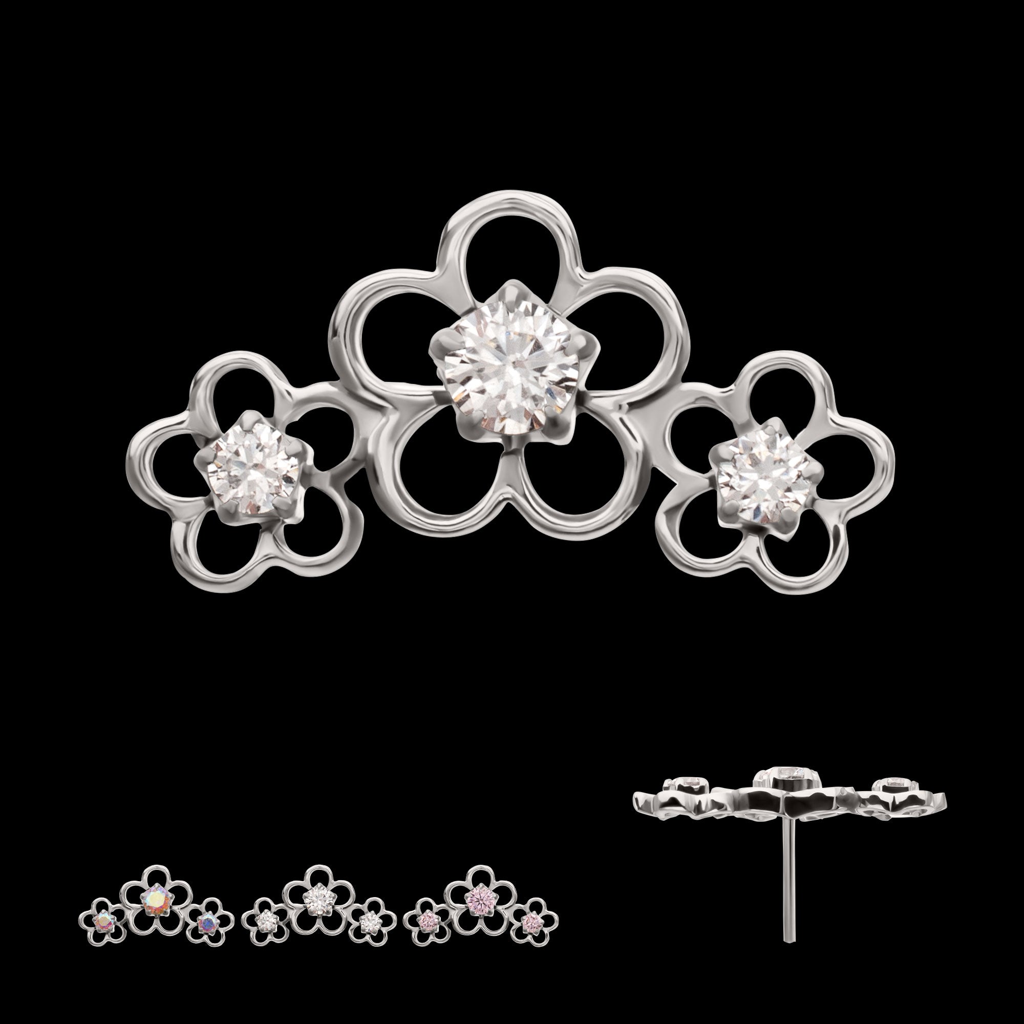 Triple Cut Out Cherry Blossom Flower with Prong Set Gem Flatback Stud Earring / Nosering - Gem in Titanium