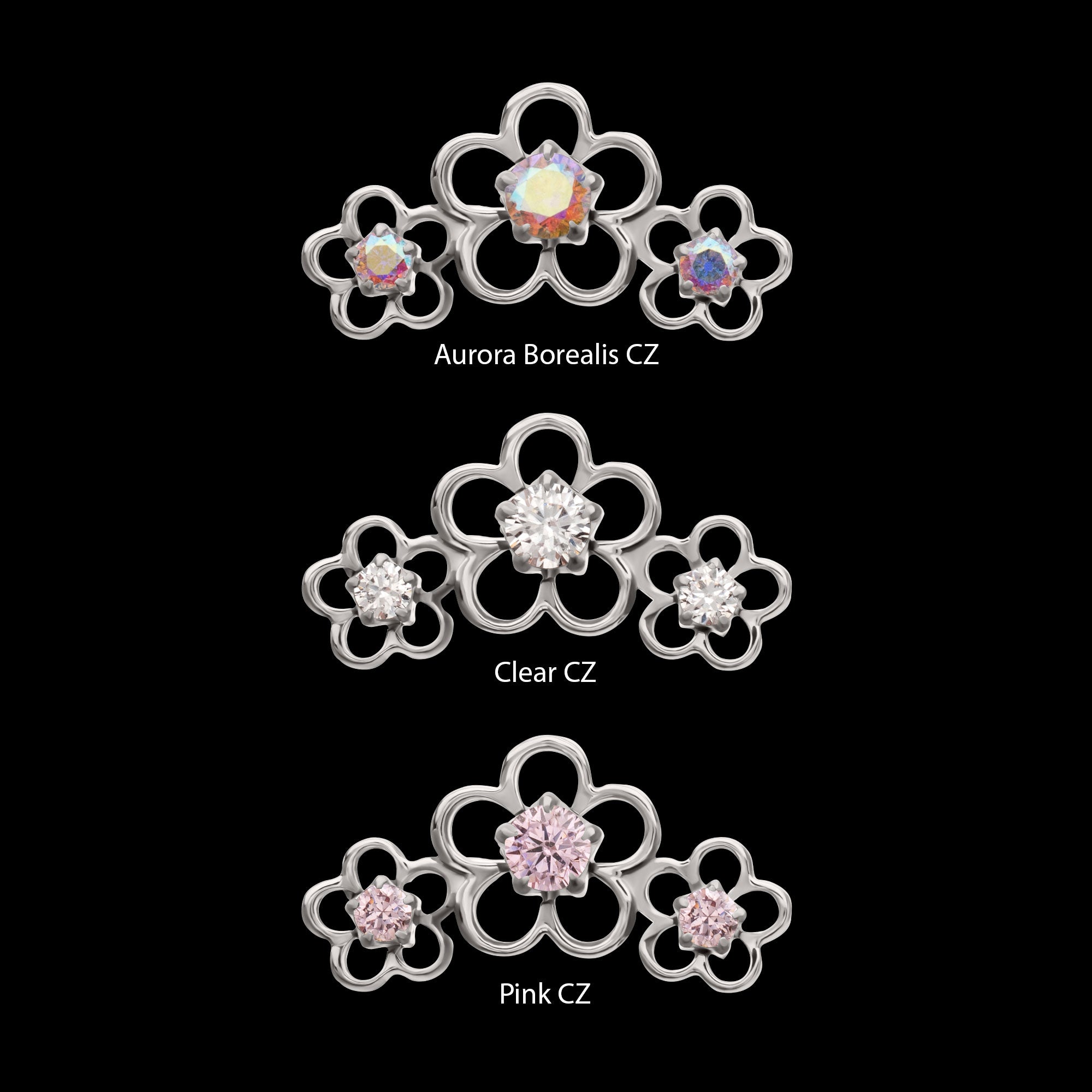 Triple Cut Out Cherry Blossom Flower with Prong Set Gem Flatback Stud Earring / Nosering - Gem in Titanium
