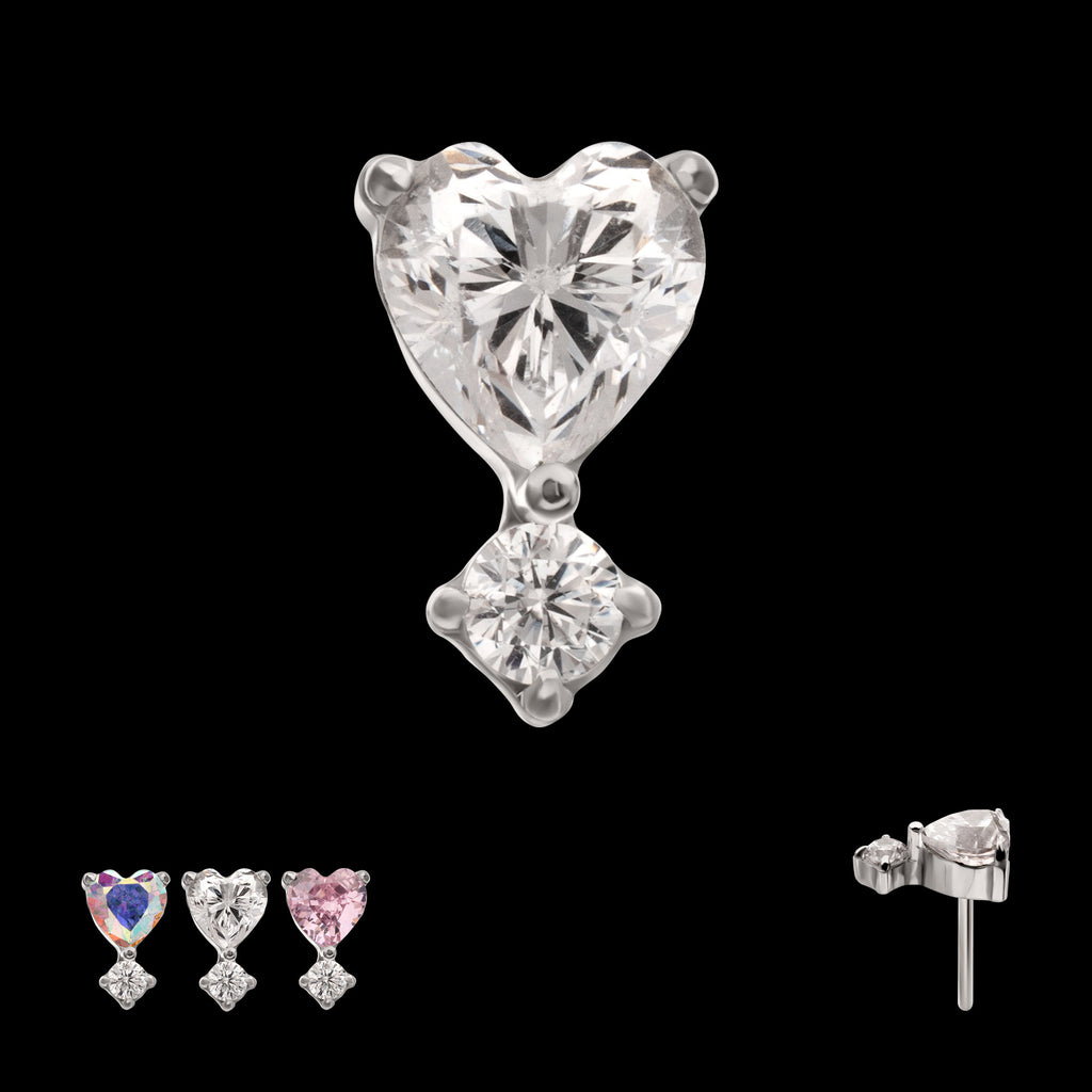 Prong Set Heart with Clear Round Gem Flatback Stud Earring / Nosering - Gem in Titanium