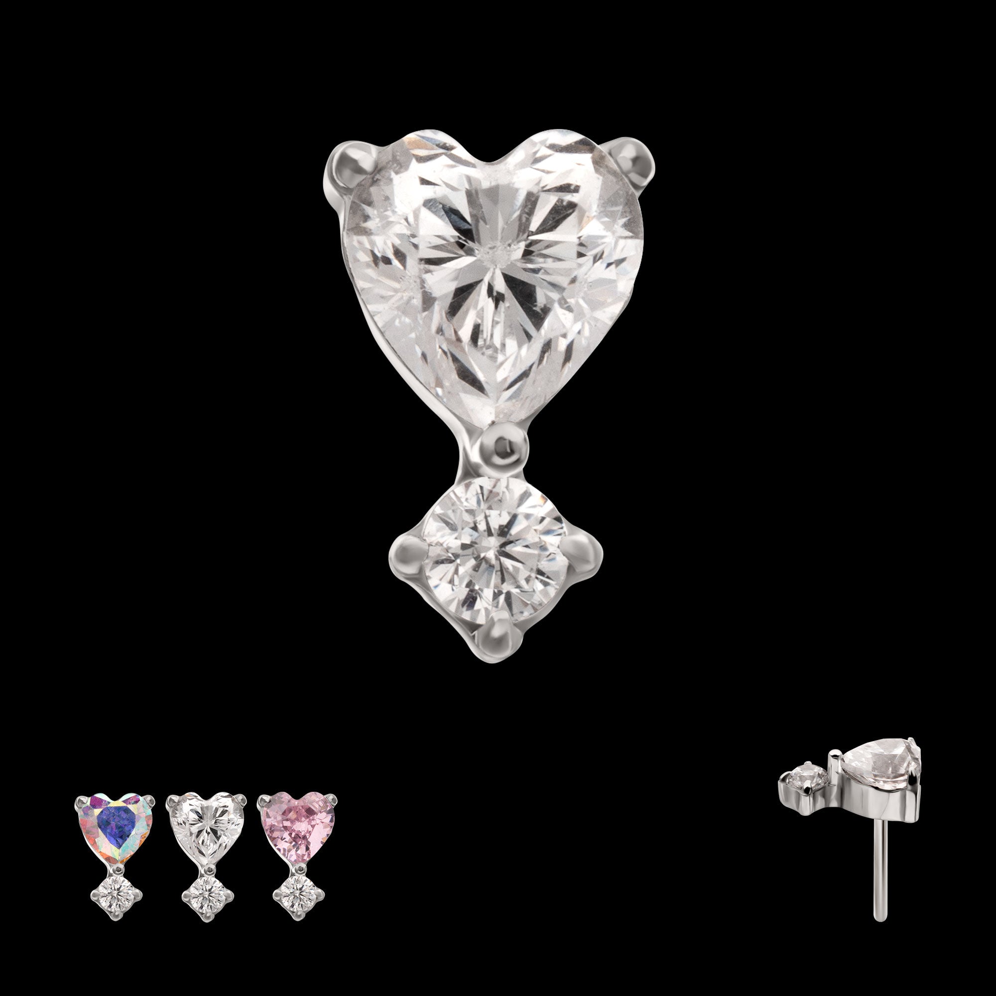 Prong Set Heart with Clear Round Gem Flatback Stud Earring / Nosering - Gem in Titanium