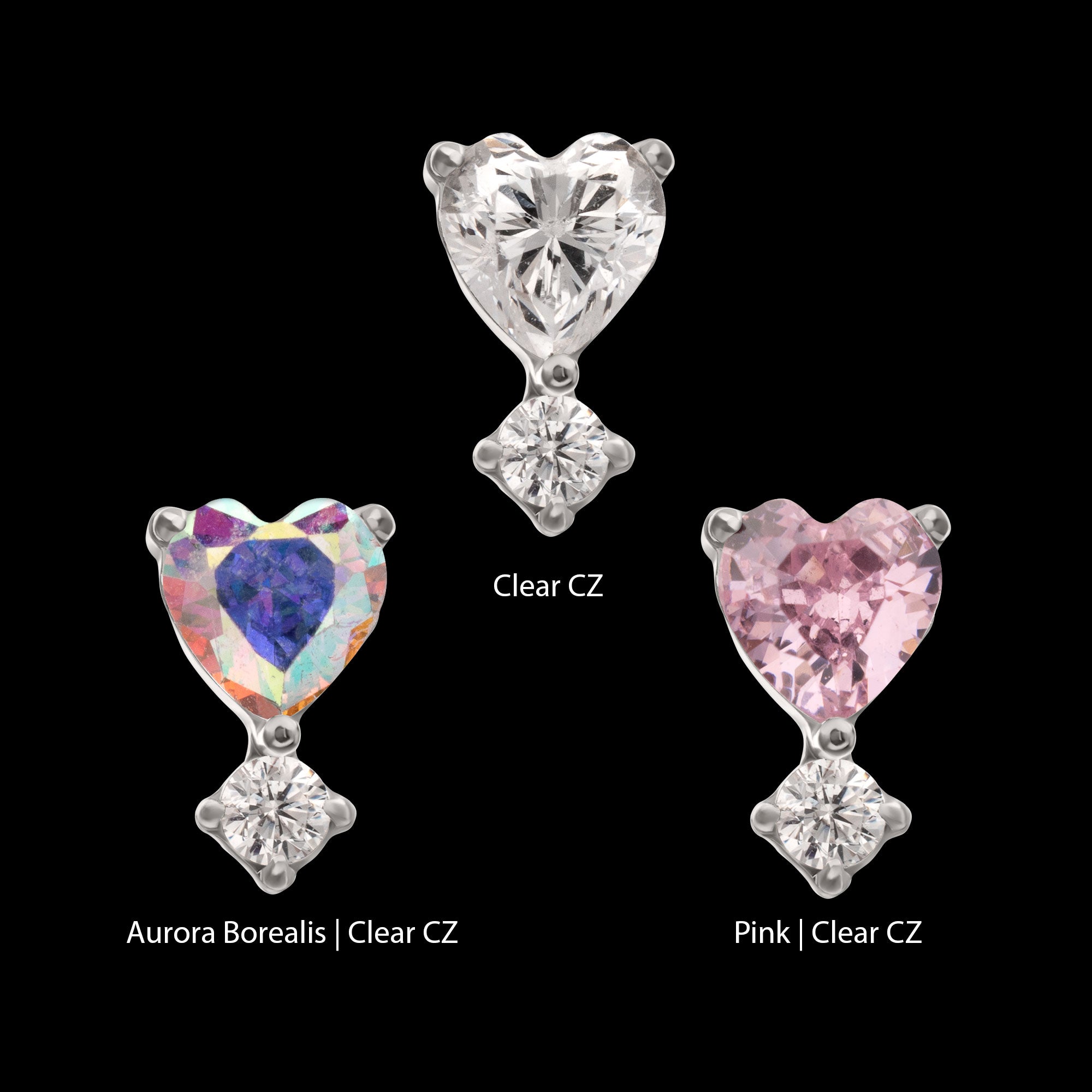 Prong Set Heart with Clear Round Gem Flatback Stud Earring / Nosering - Gem in Titanium