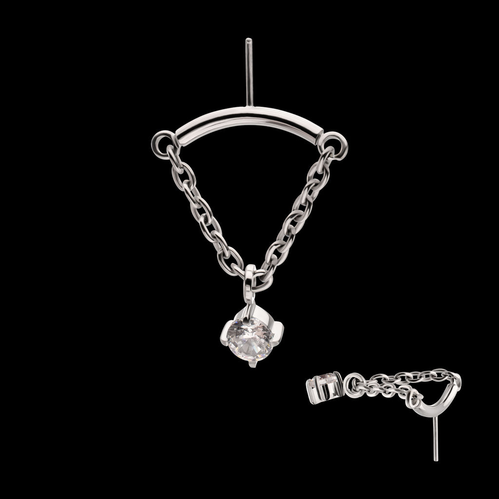 Vertical Helix Curved Bar with CZ Gem Chain Dangle Flatback Stud Earring / Nosering - CZ in Titanium