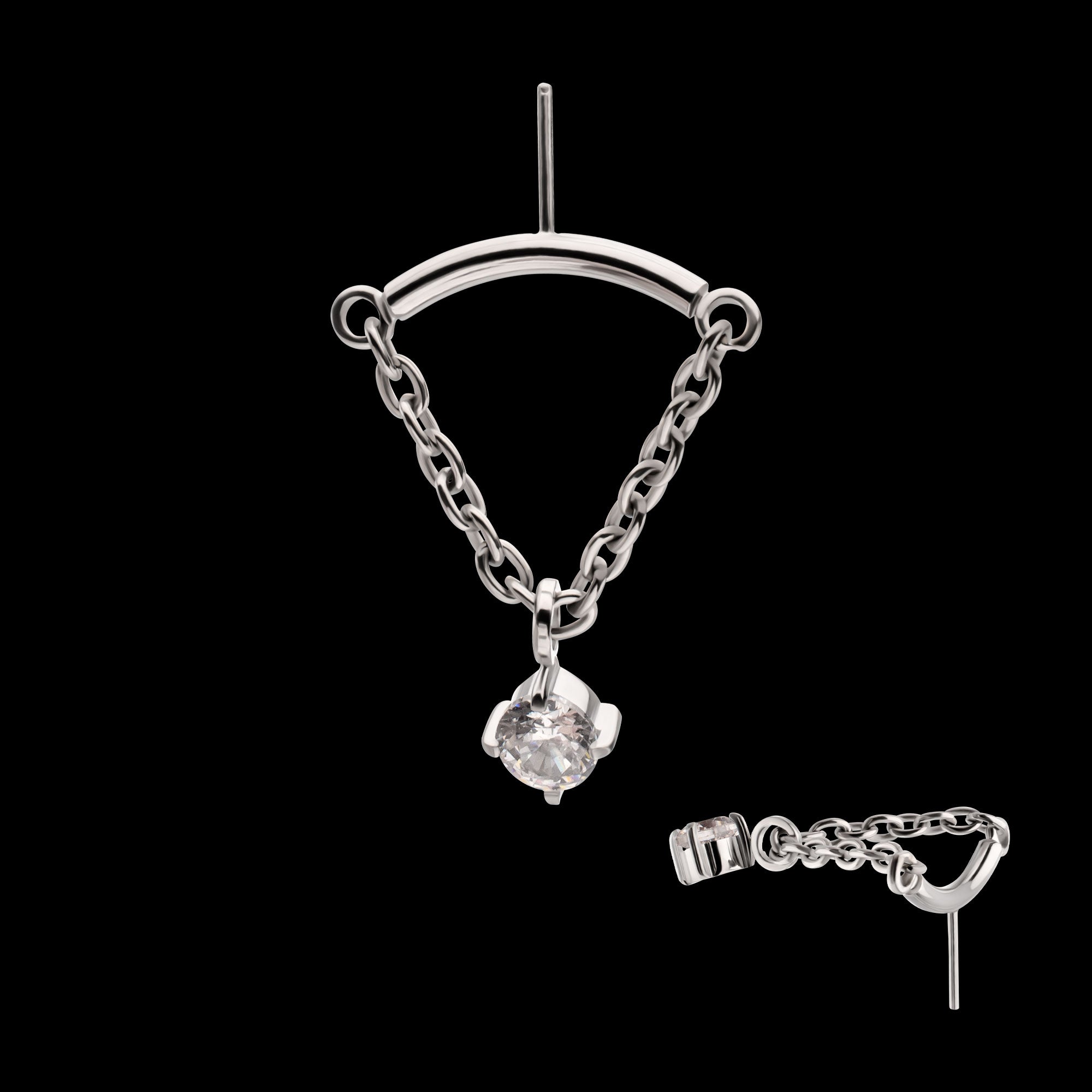 Vertical Helix Curved Bar with CZ Gem Chain Dangle Flatback Stud Earring / Nosering - CZ in Titanium