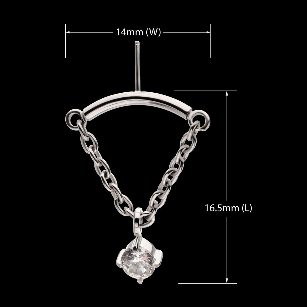 Vertical Helix Curved Bar with CZ Gem Chain Dangle Flatback Stud Earring / Nosering - CZ in Titanium