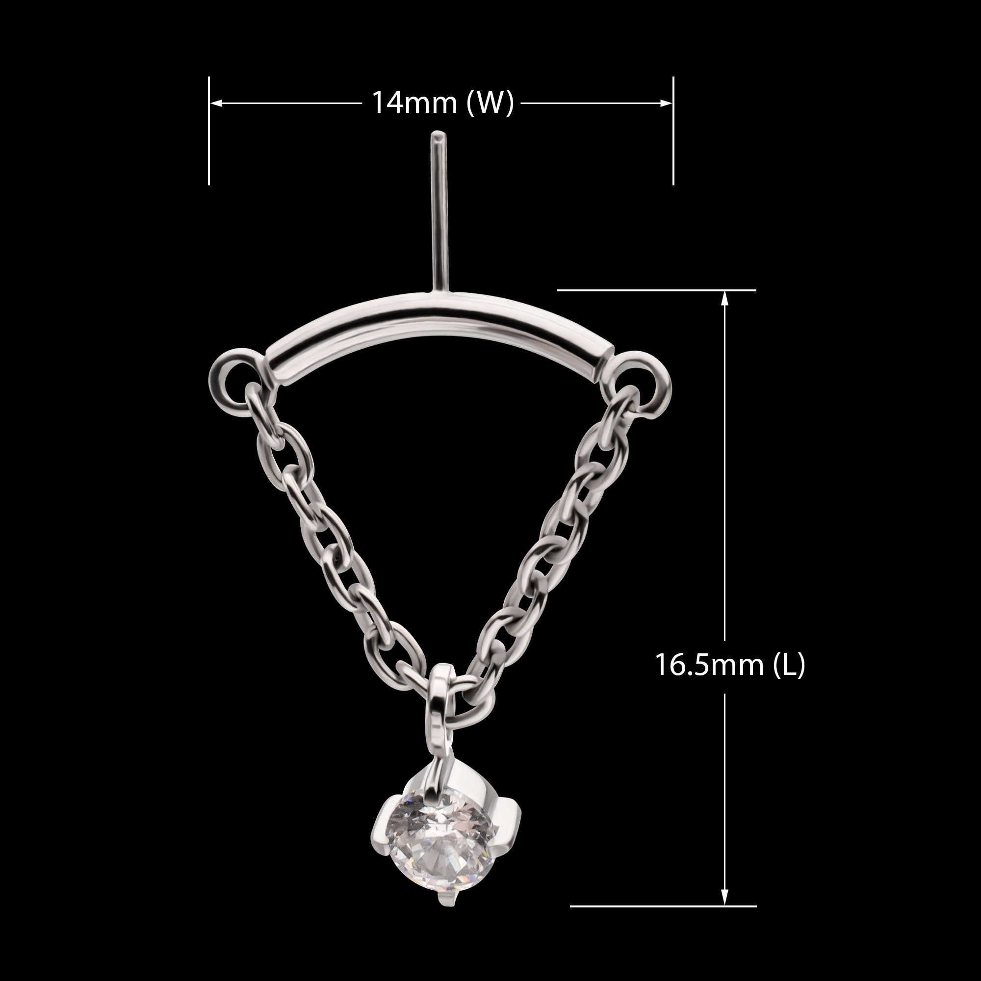 Vertical Helix Curved Bar with CZ Gem Chain Dangle Flatback Stud Earring / Nosering - CZ in Titanium