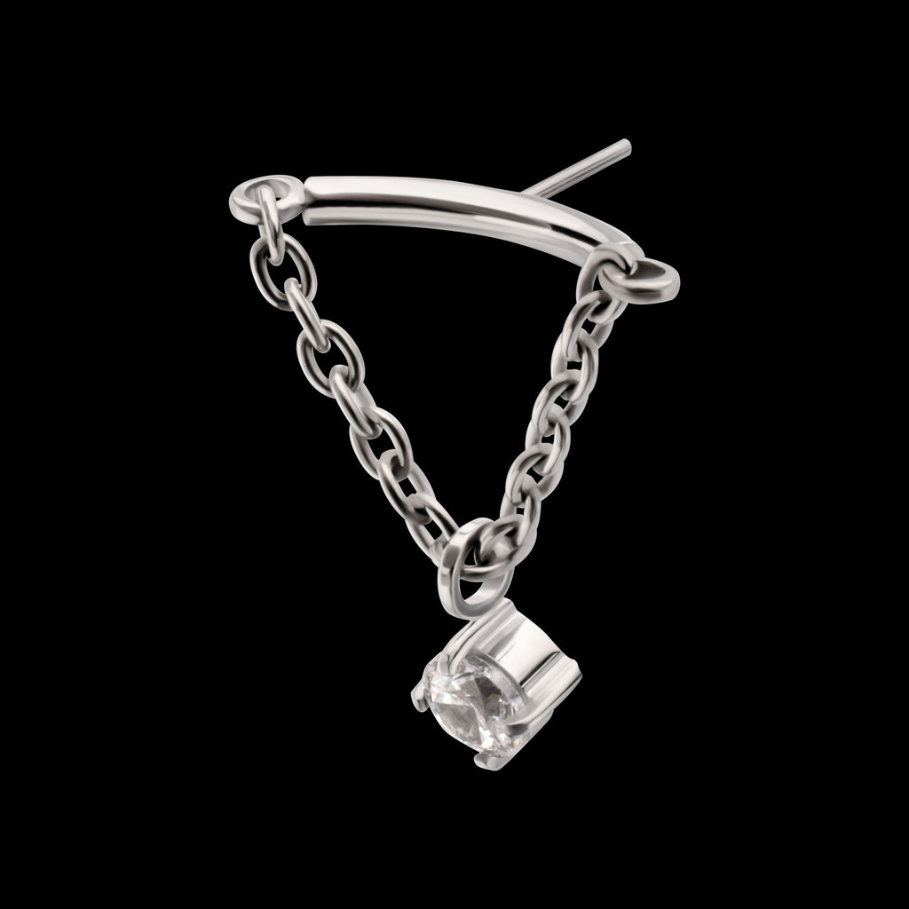 Vertical Helix Curved Bar with CZ Gem Chain Dangle Flatback Stud Earring / Nosering - CZ in Titanium