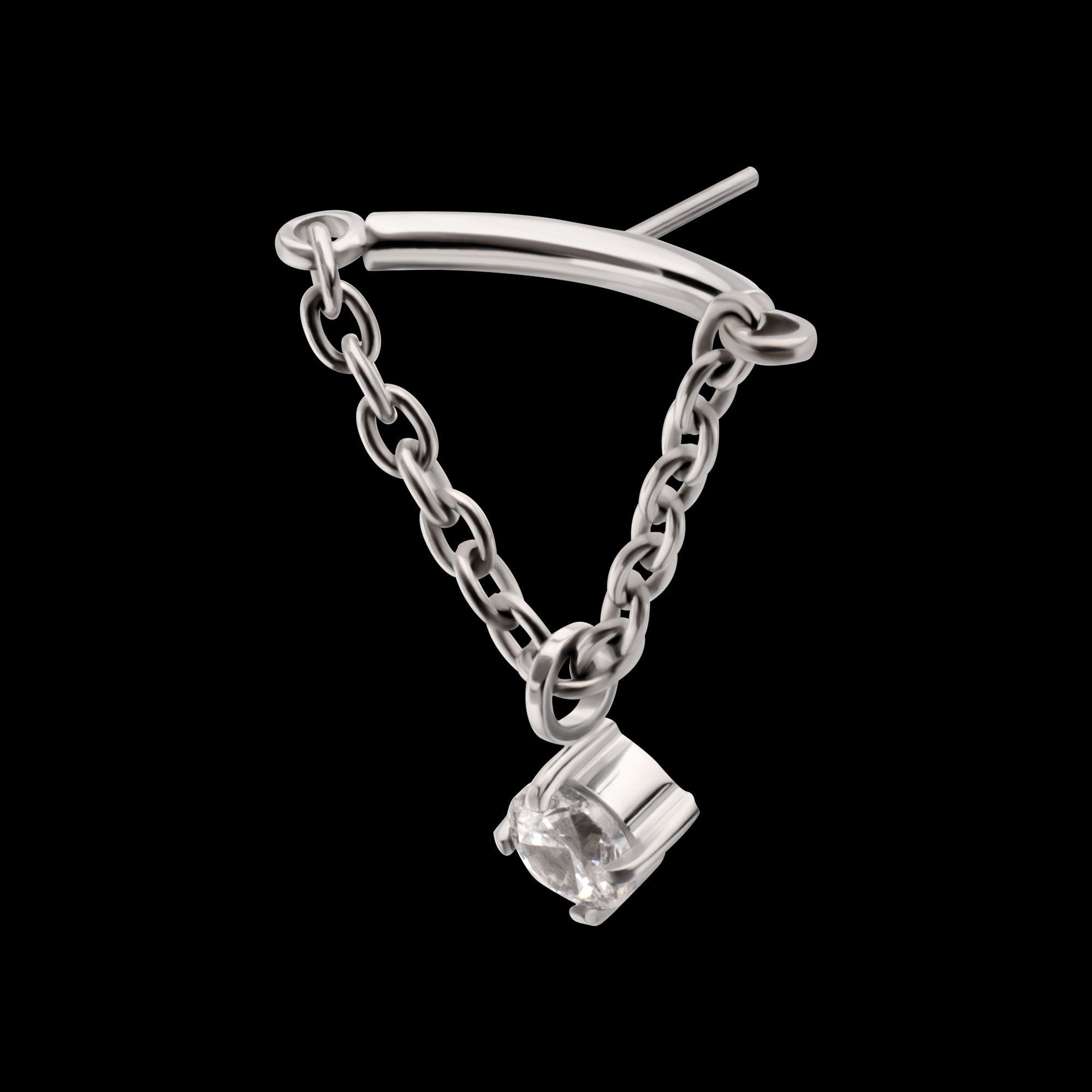 Vertical Helix Curved Bar with CZ Gem Chain Dangle Flatback Stud Earring / Nosering - CZ in Titanium