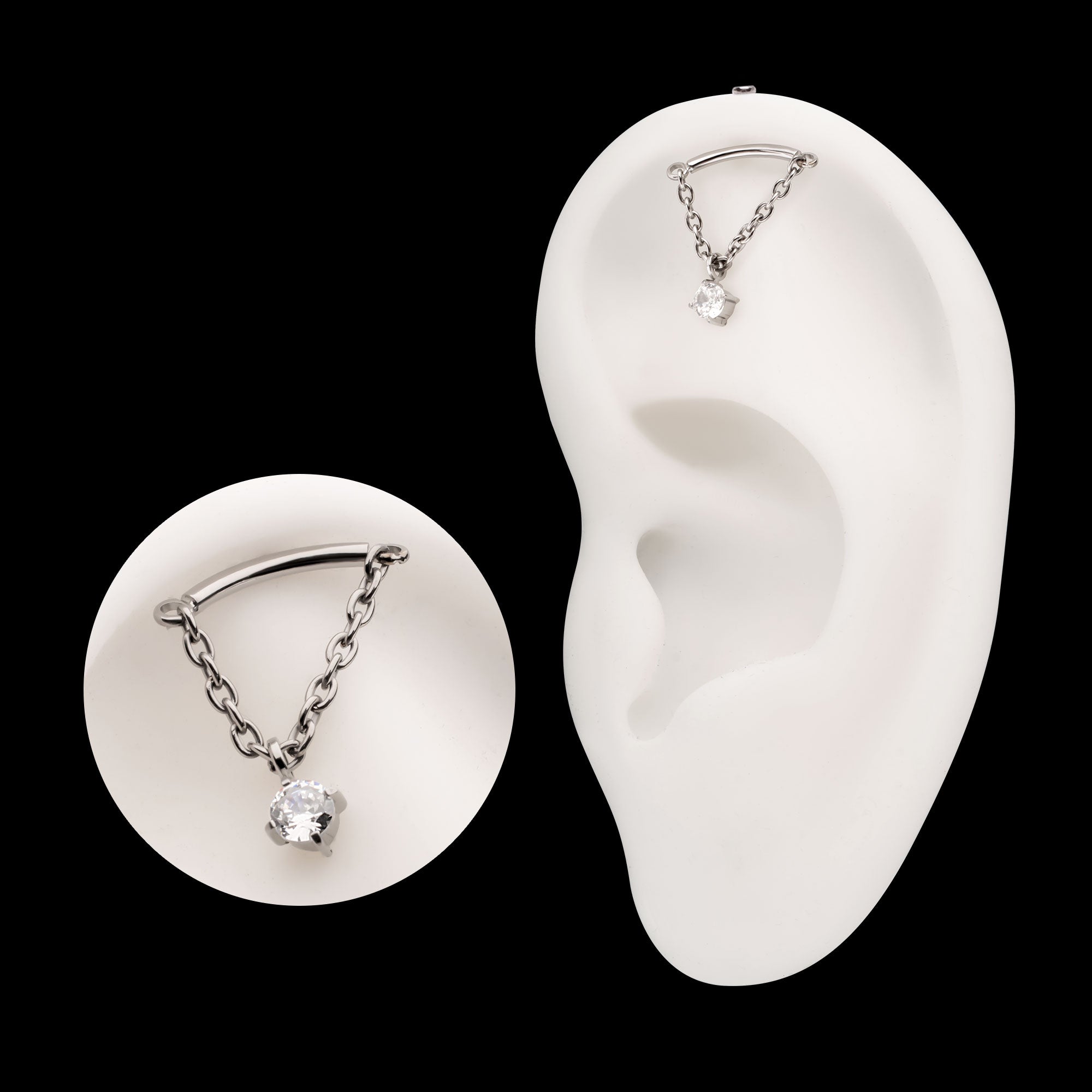 Vertical Helix Curved Bar with CZ Gem Chain Dangle Flatback Stud Earring / Nosering - CZ in Titanium