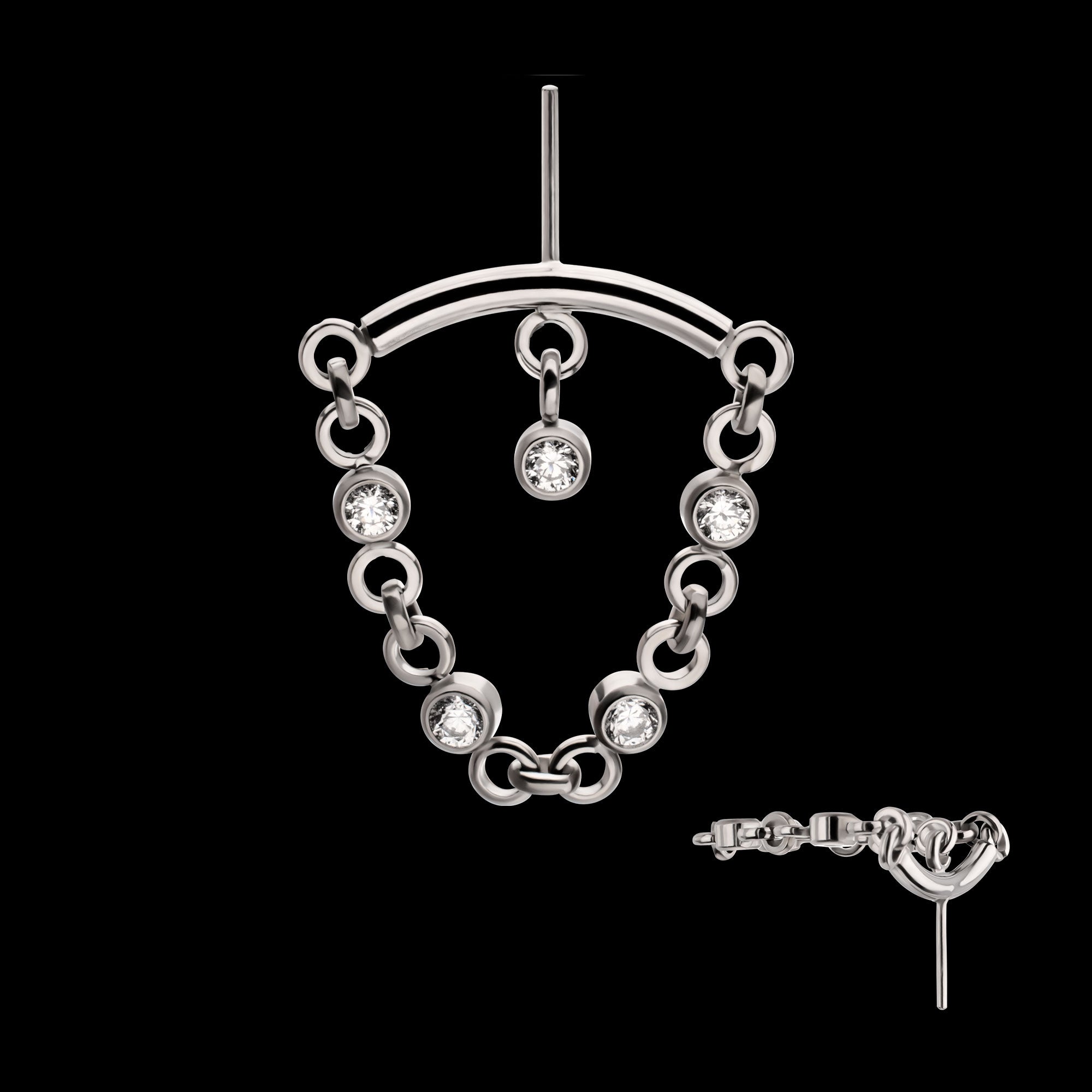 Vertical Helix Curved Bar with CZ Chain Dangle & Floating Gem Flatback Stud Earring / Nosering - CZ in Titanium