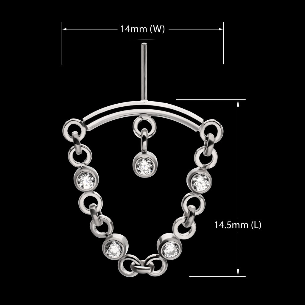 Vertical Helix Curved Bar with CZ Chain Dangle & Floating Gem Flatback Stud Earring / Nosering - CZ in Titanium