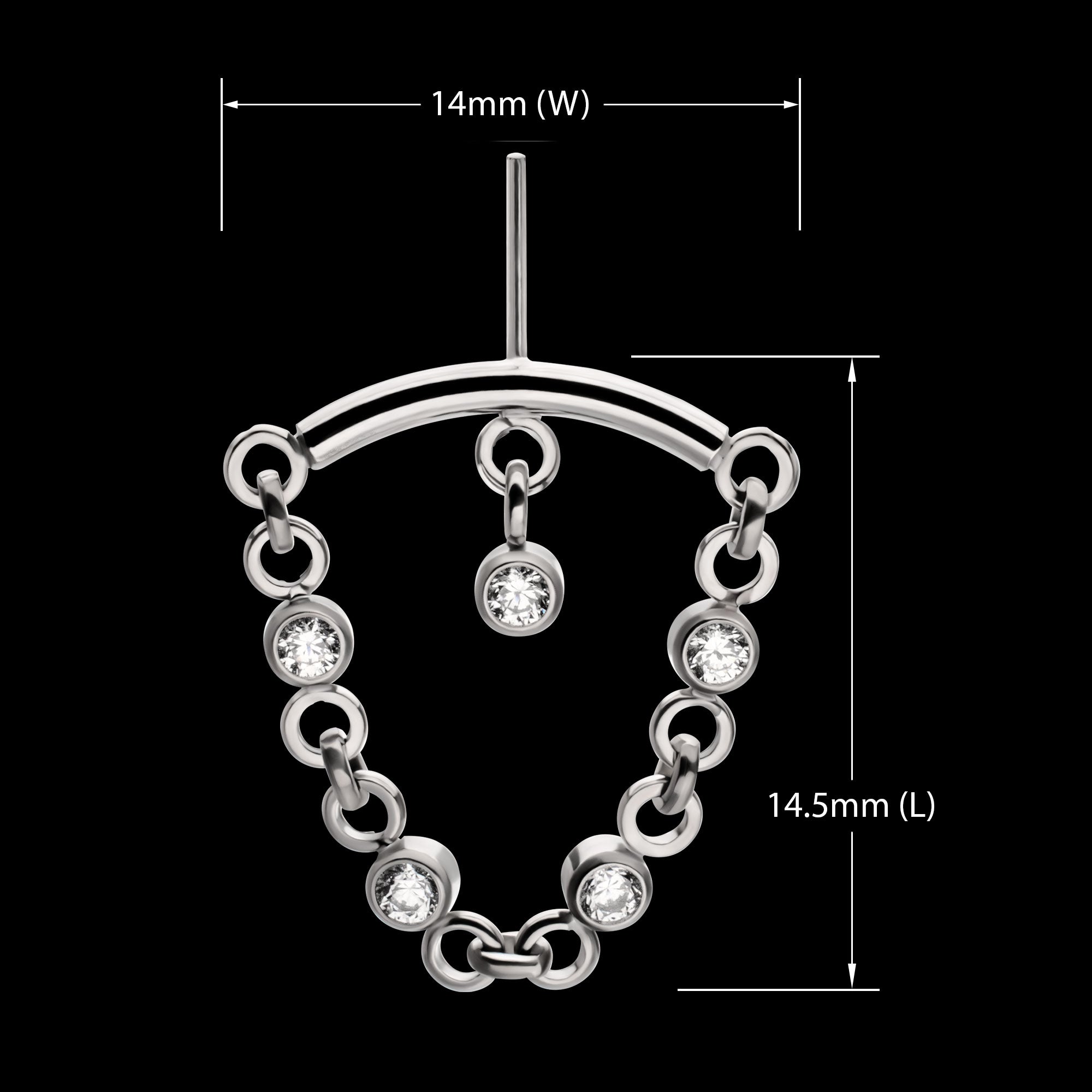 Vertical Helix Curved Bar with CZ Chain Dangle & Floating Gem Flatback Stud Earring / Nosering - CZ in Titanium