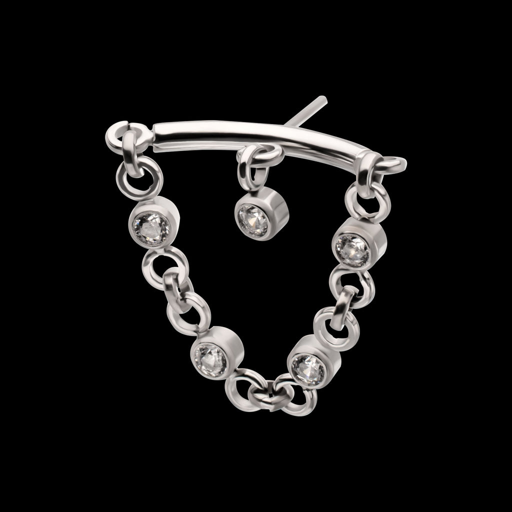 Vertical Helix Curved Bar with CZ Chain Dangle & Floating Gem Flatback Stud Earring / Nosering - CZ in Titanium
