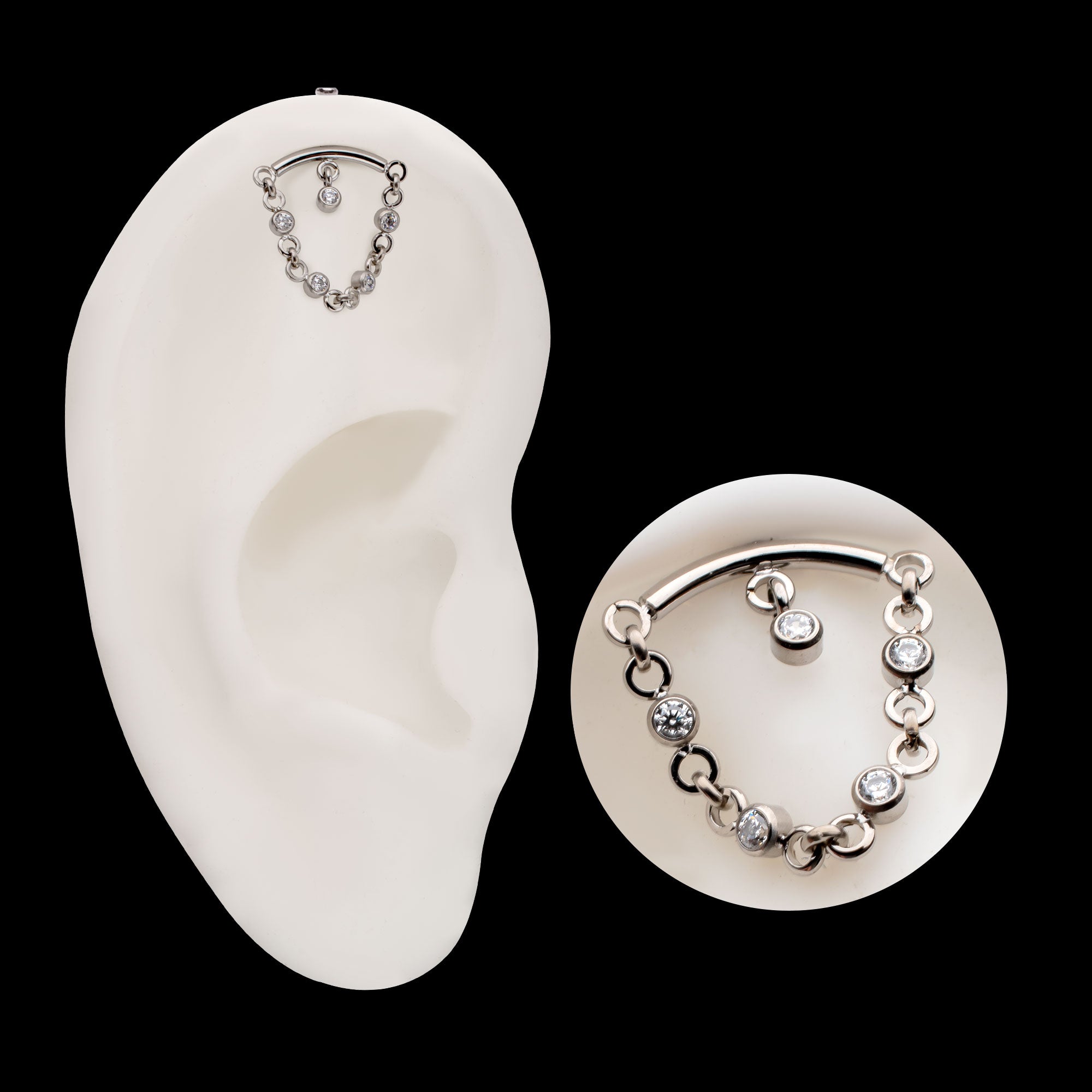 Vertical Helix Curved Bar with CZ Chain Dangle & Floating Gem Flatback Stud Earring / Nosering - CZ in Titanium