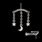 Vertical Helix Curved Bar with Crescent Moon and Star 3-Chain Dangle Flatback Stud Earring / Nosering - Titanium