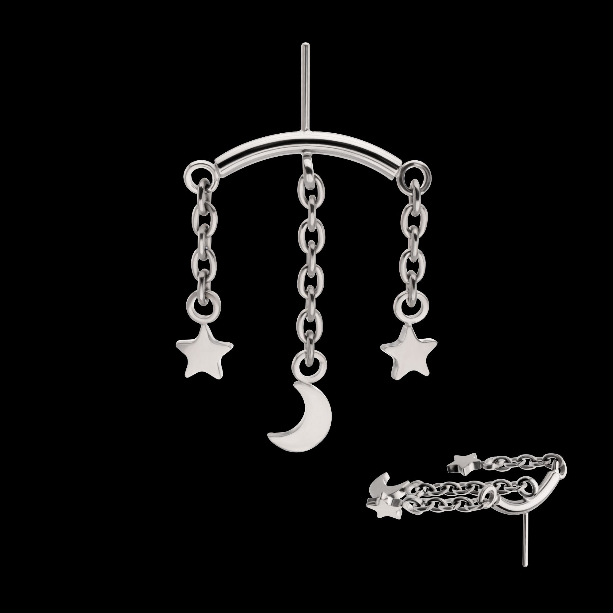 Vertical Helix Curved Bar with Crescent Moon and Star 3-Chain Dangle Flatback Stud Earring / Nosering - Titanium