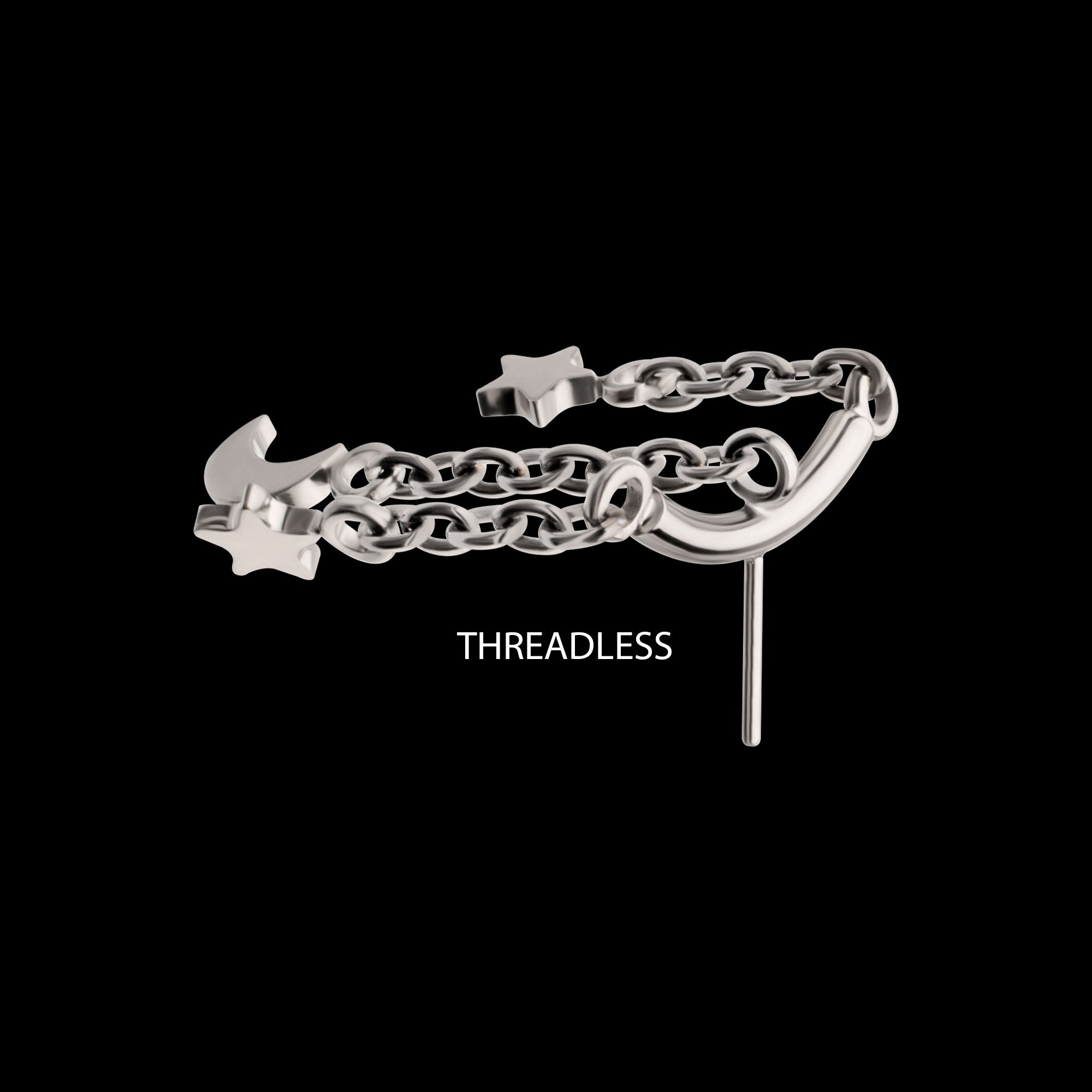 Vertical Helix Curved Bar with Crescent Moon and Star 3-Chain Dangle Flatback Stud Earring / Nosering - Titanium