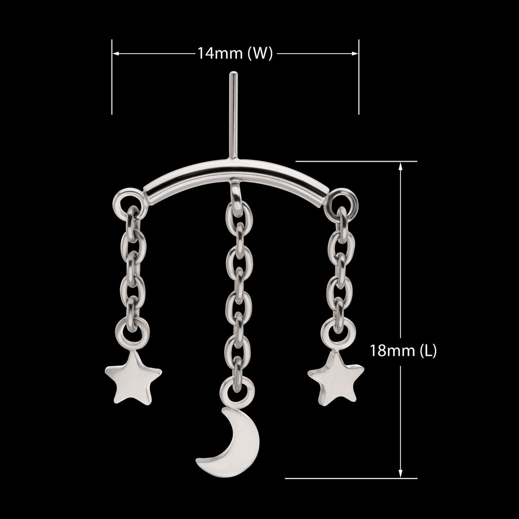 Vertical Helix Curved Bar with Crescent Moon and Star 3-Chain Dangle Flatback Stud Earring / Nosering - Titanium