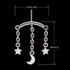 Vertical Helix Curved Bar with Crescent Moon and Star 3-Chain Dangle Flatback Stud Earring / Nosering - Titanium