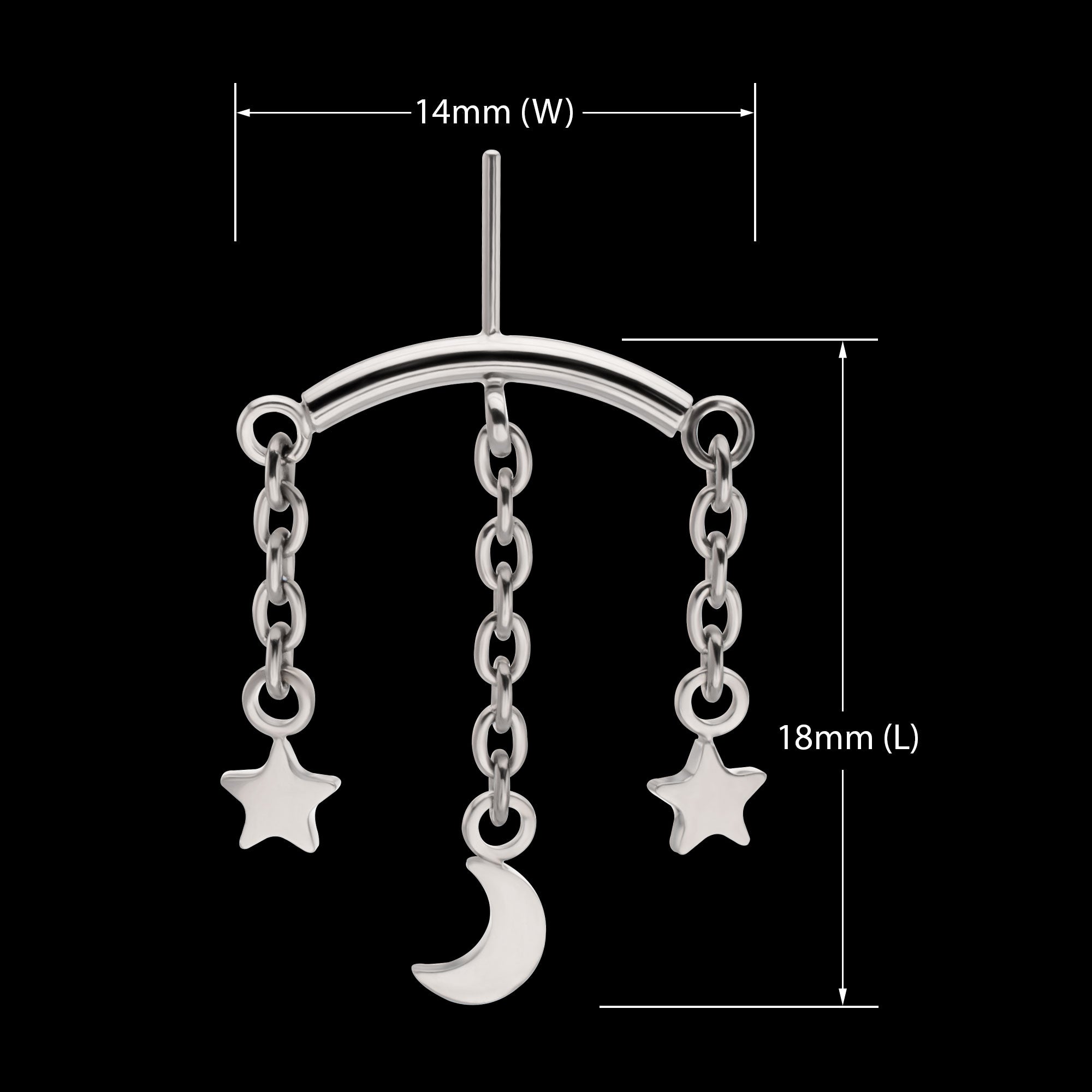 Vertical Helix Curved Bar with Crescent Moon and Star 3-Chain Dangle Flatback Stud Earring / Nosering - Titanium