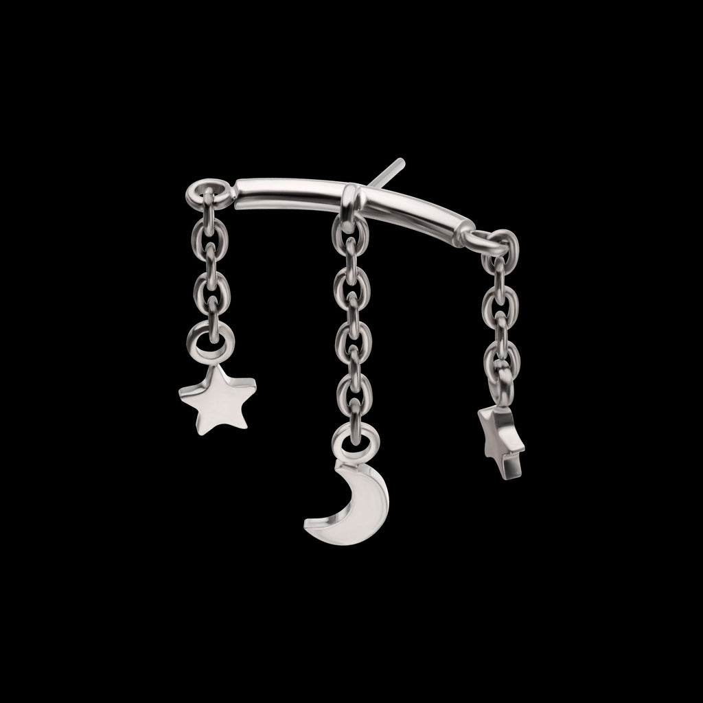 Vertical Helix Curved Bar with Crescent Moon and Star 3-Chain Dangle Flatback Stud Earring / Nosering - Titanium