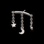 Vertical Helix Curved Bar with Crescent Moon and Star 3-Chain Dangle Flatback Stud Earring / Nosering - Titanium