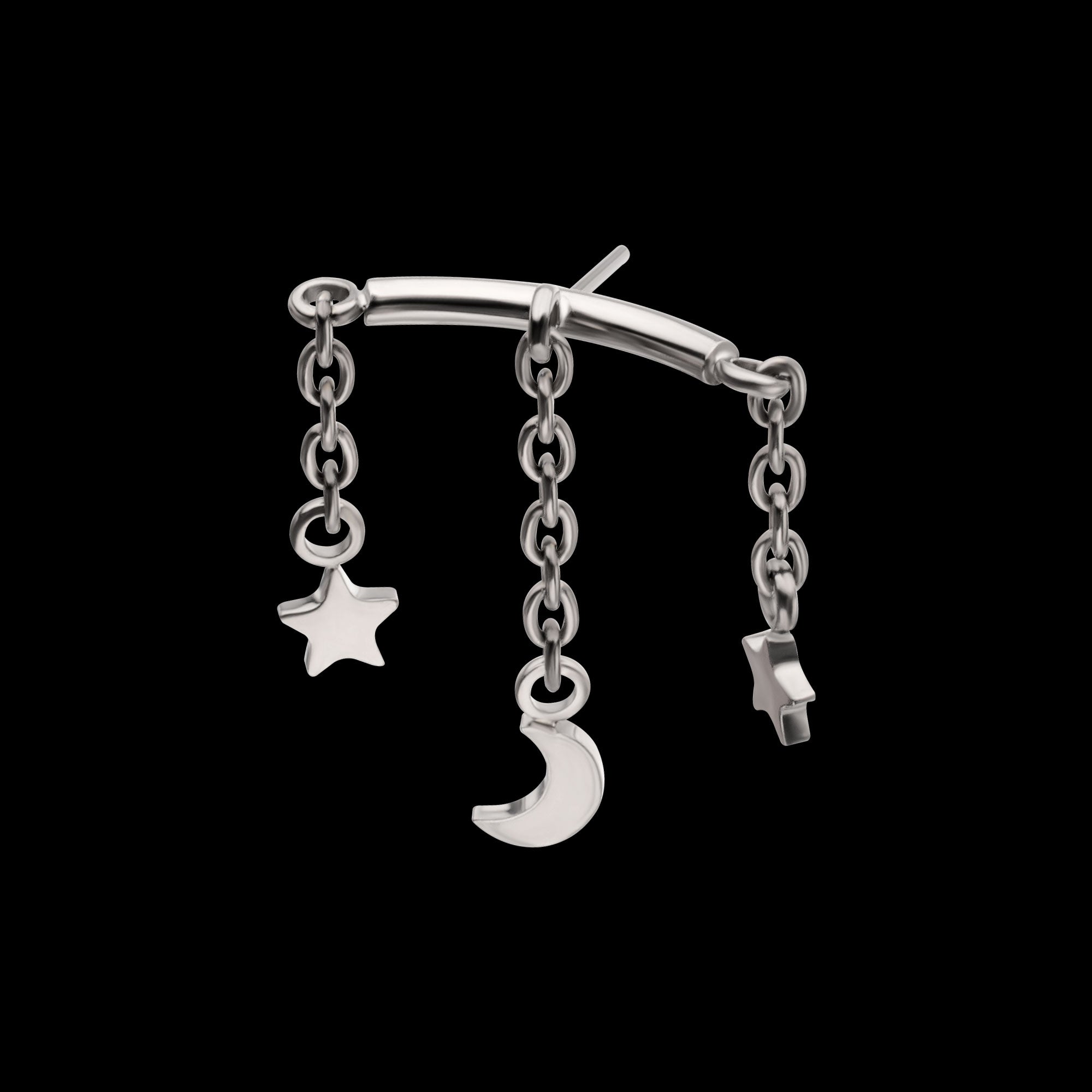 Vertical Helix Curved Bar with Crescent Moon and Star 3-Chain Dangle Flatback Stud Earring / Nosering - Titanium