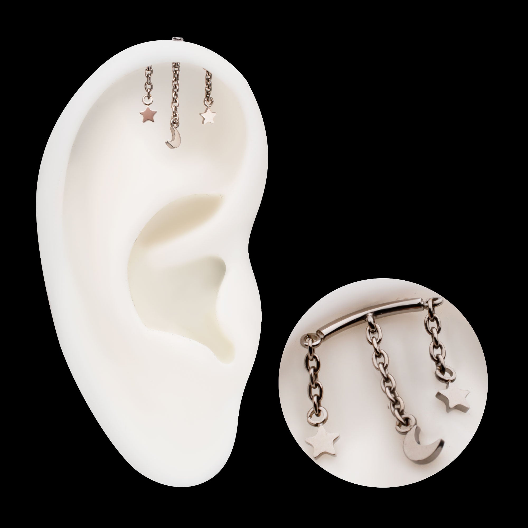 Vertical Helix Curved Bar with Crescent Moon and Star 3-Chain Dangle Flatback Stud Earring / Nosering - Titanium