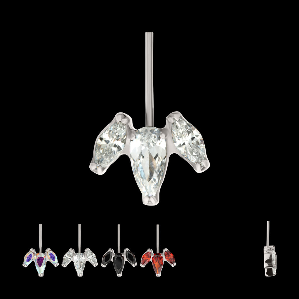 Vertical Helix V-Prong Pear Trio Blossom Cluster Flatback Stud Earring / Nosering - Titanium