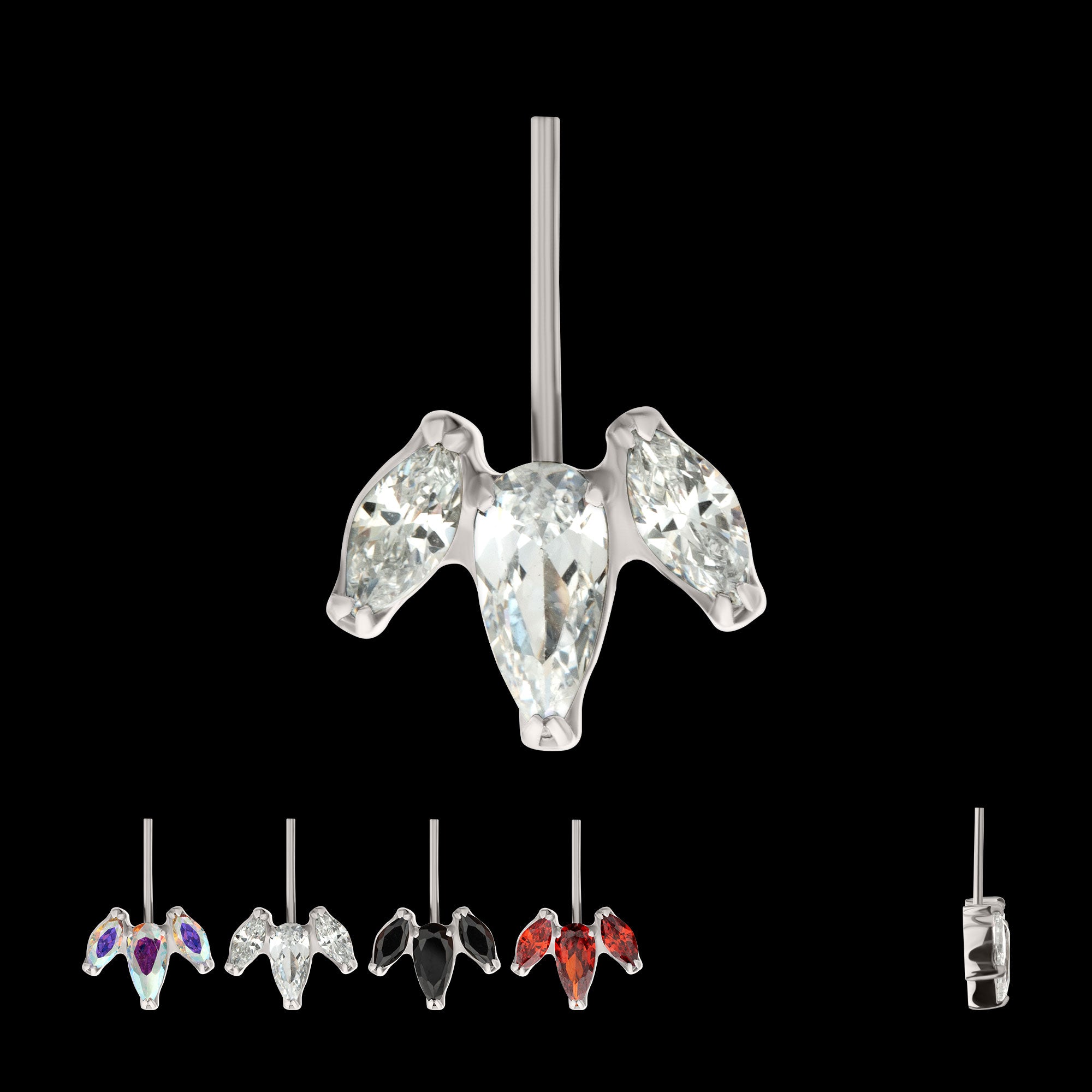 Vertical Helix V-Prong Pear Trio Blossom Cluster Flatback Stud Earring / Nosering - Titanium