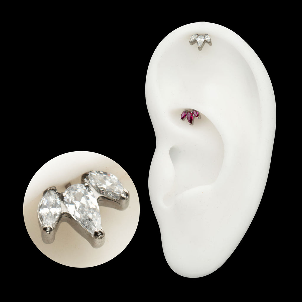 Vertical Helix V-Prong Pear Trio Blossom Cluster Flatback Stud Earring / Nosering - Titanium