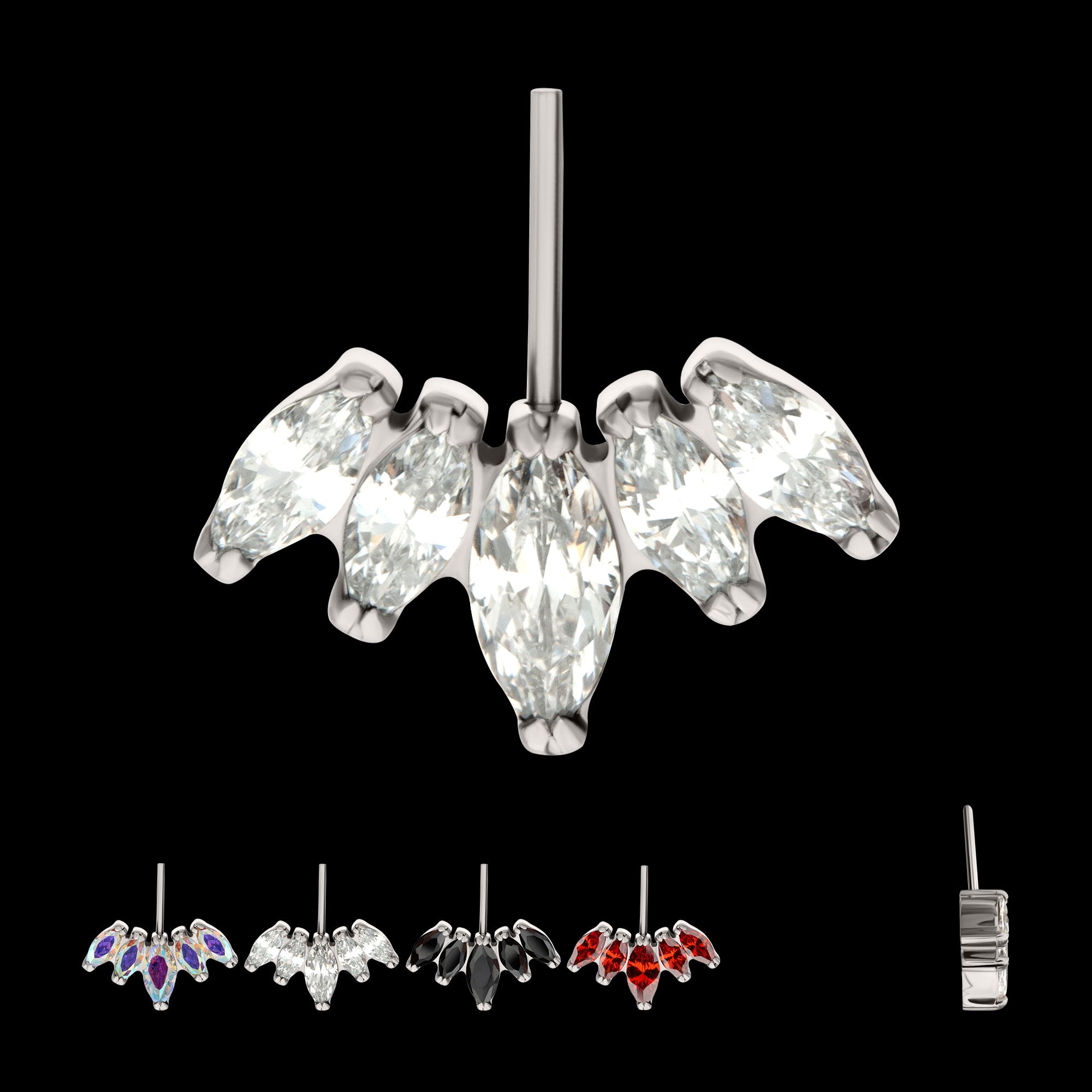 Vertical Helix V-Prong Marquise Fan 5-Cluster Flatback Stud Earring / Nosering - Titanium