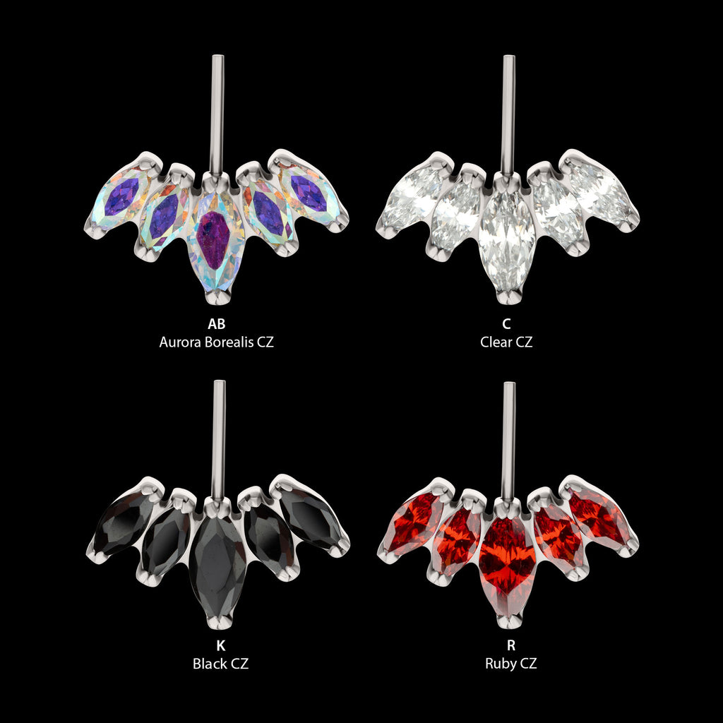 Vertical Helix V-Prong Marquise Fan 5-Cluster Flatback Stud Earring / Nosering - Titanium