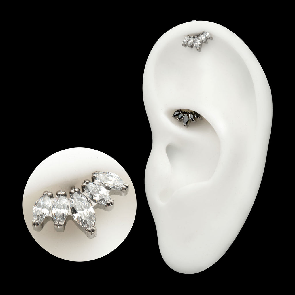 Vertical Helix V-Prong Marquise Fan 5-Cluster Flatback Stud Earring / Nosering - Titanium