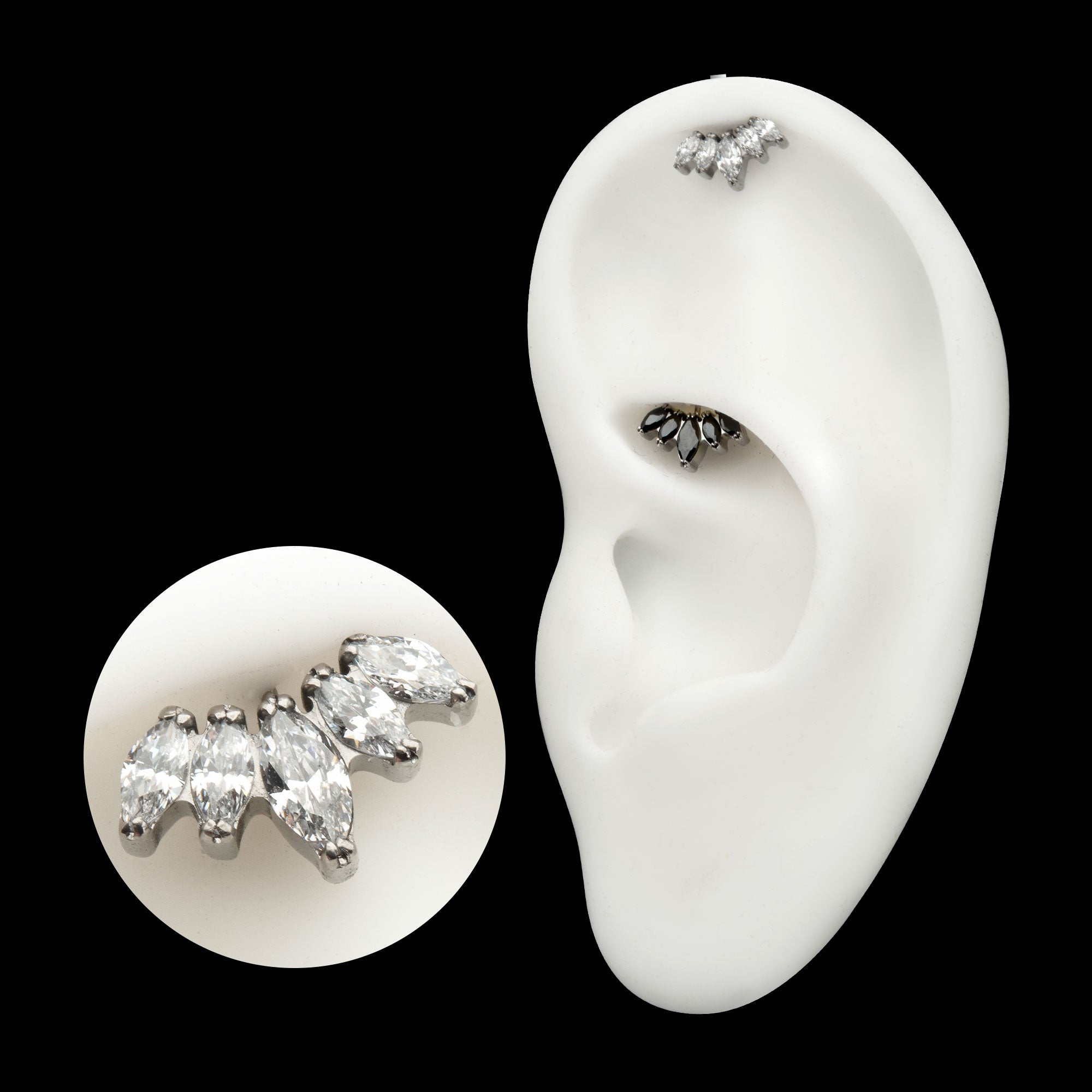 Vertical Helix V-Prong Marquise Fan 5-Cluster Flatback Stud Earring / Nosering - Titanium
