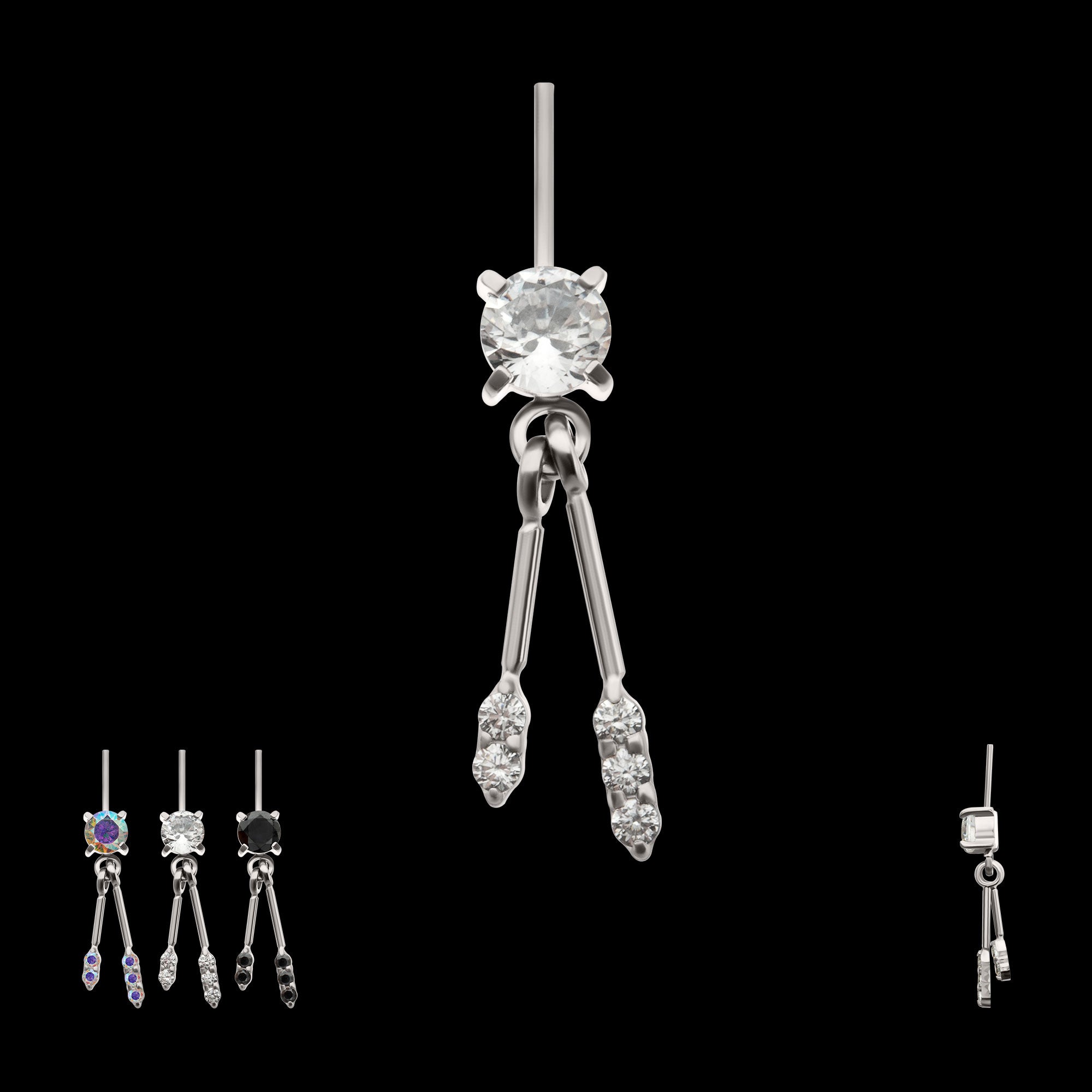 Vertical Helix Prong Set Gem with Duo Bar Dangle Flatback Stud Earring / Nosering - Gem in Titanium