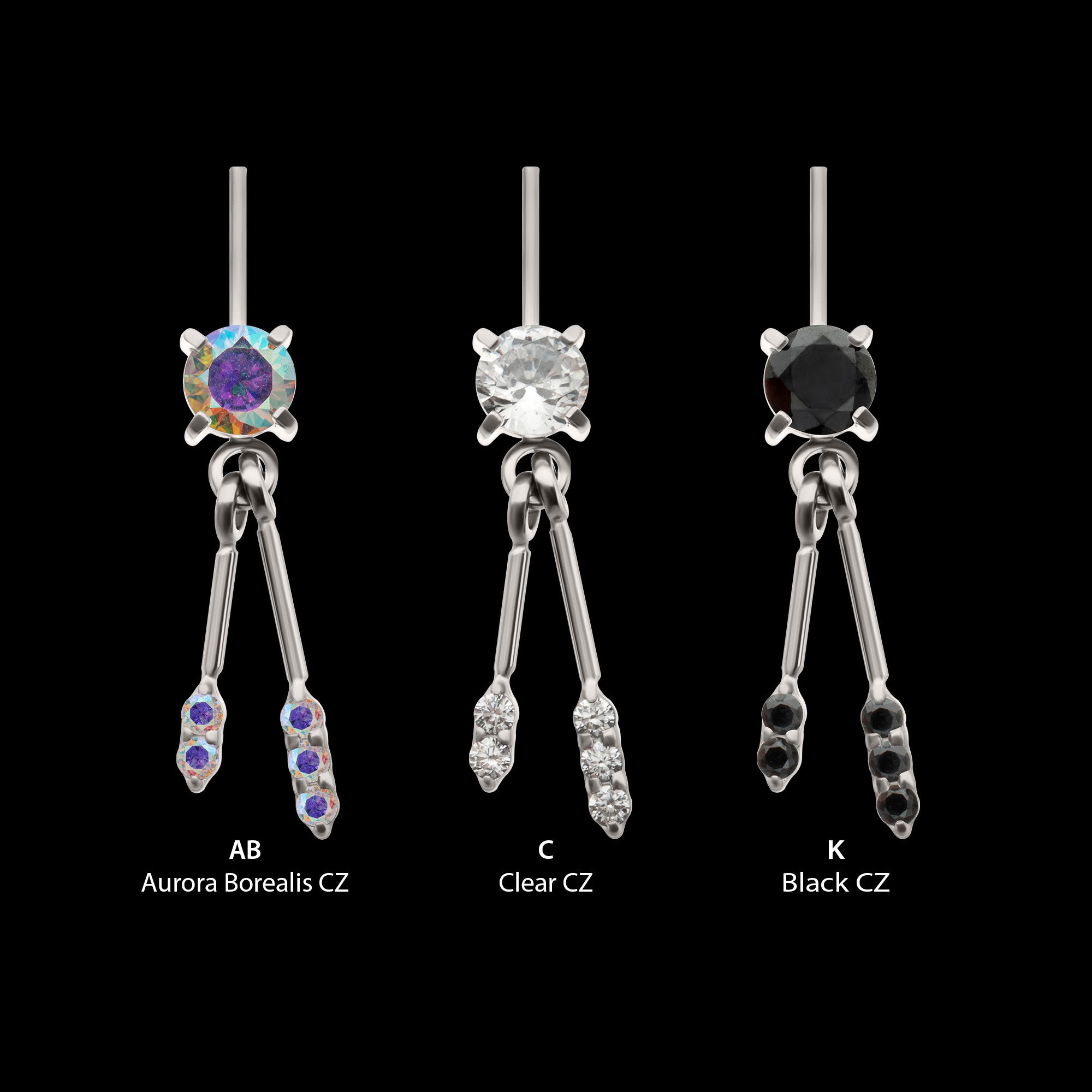 Vertical Helix Prong Set Gem with Duo Bar Dangle Flatback Stud Earring / Nosering - Gem in Titanium