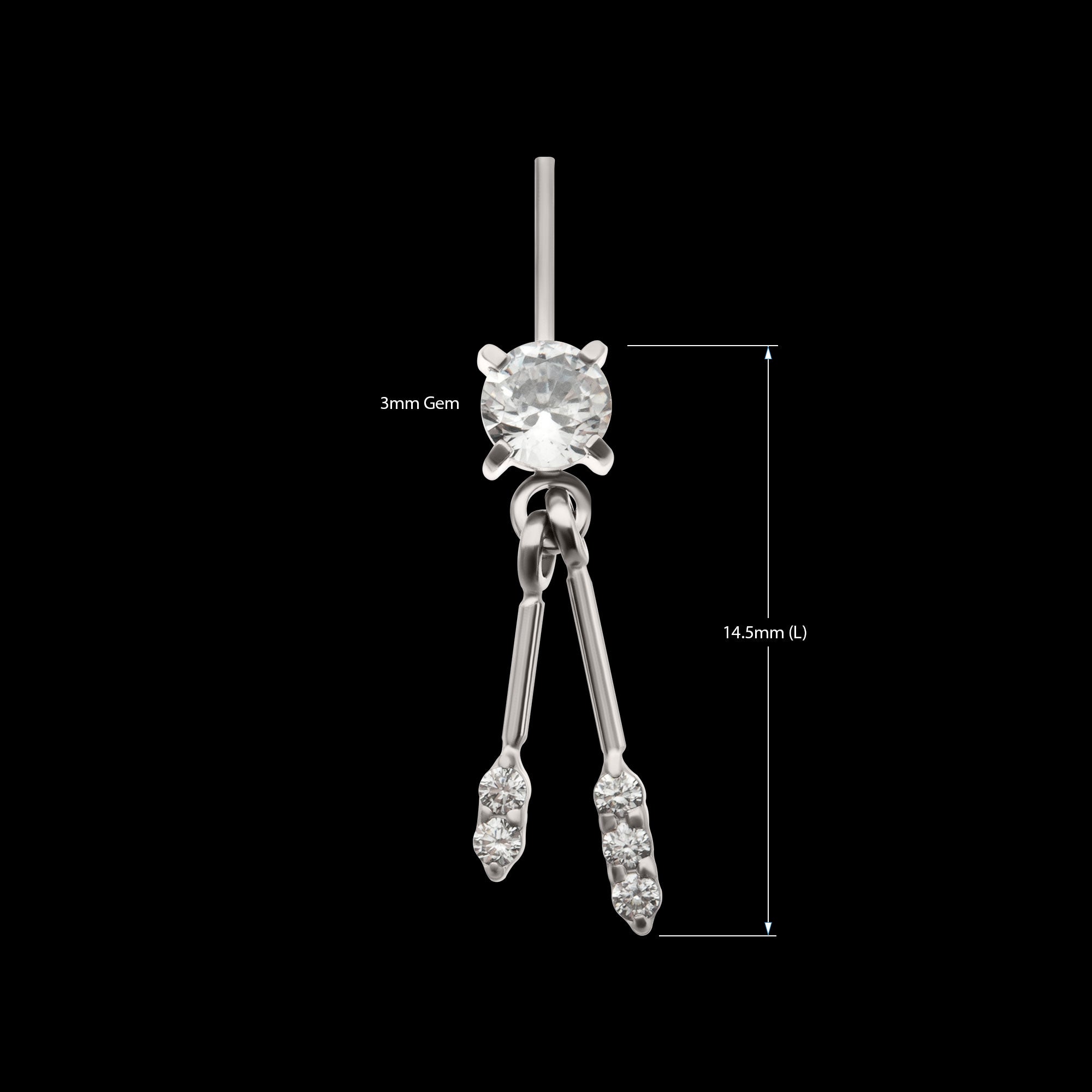 Vertical Helix Prong Set Gem with Duo Bar Dangle Flatback Stud Earring / Nosering - Gem in Titanium